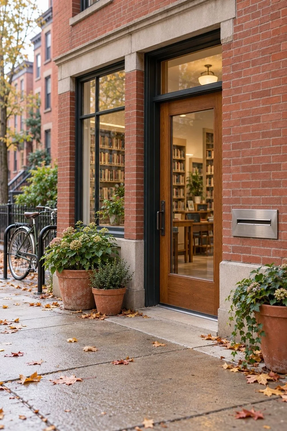 Glass library entrance with a book-return slot and a bicycle outside.