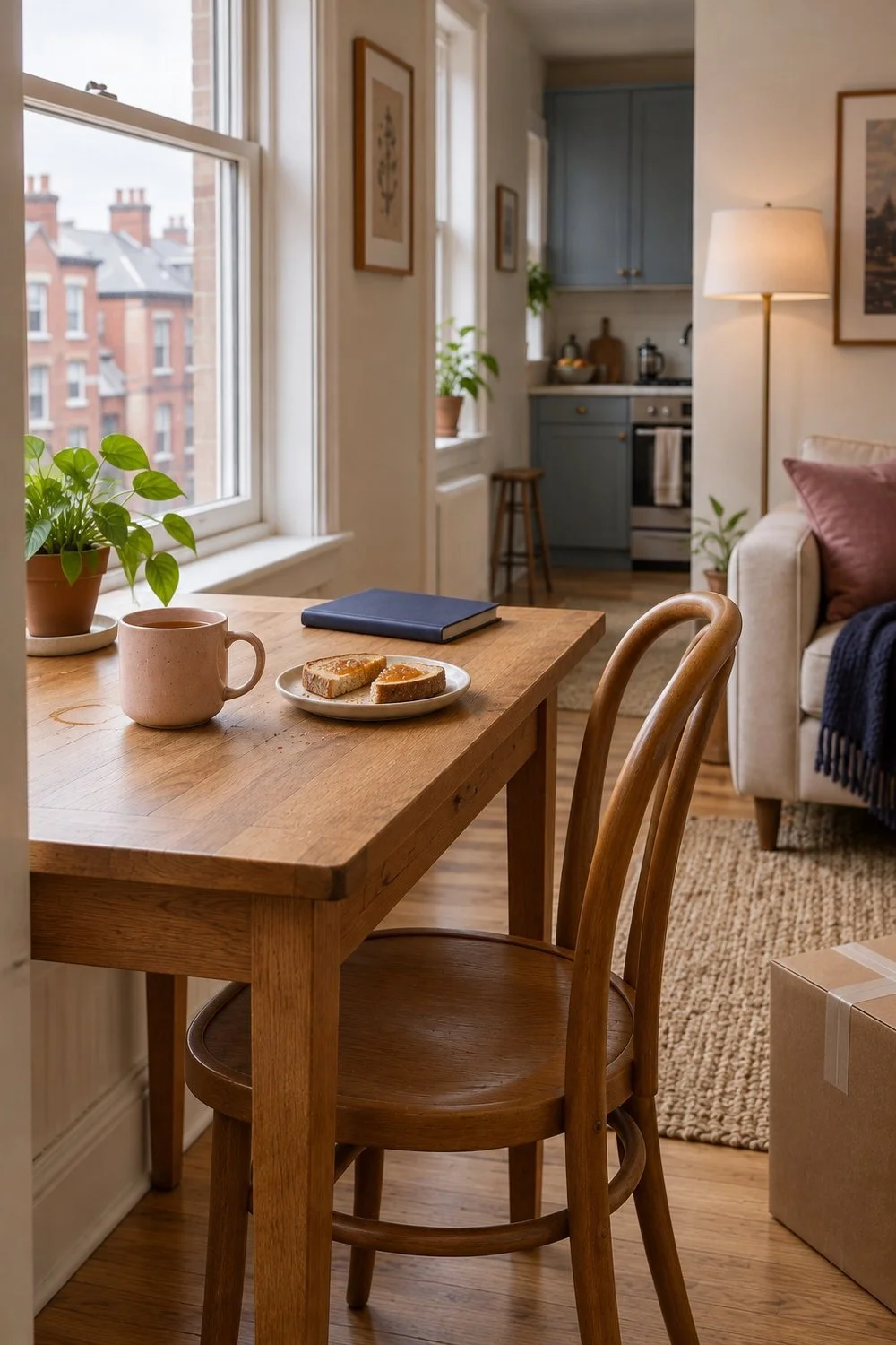 Toast and a pink mug on a small table beside a city apartment window.