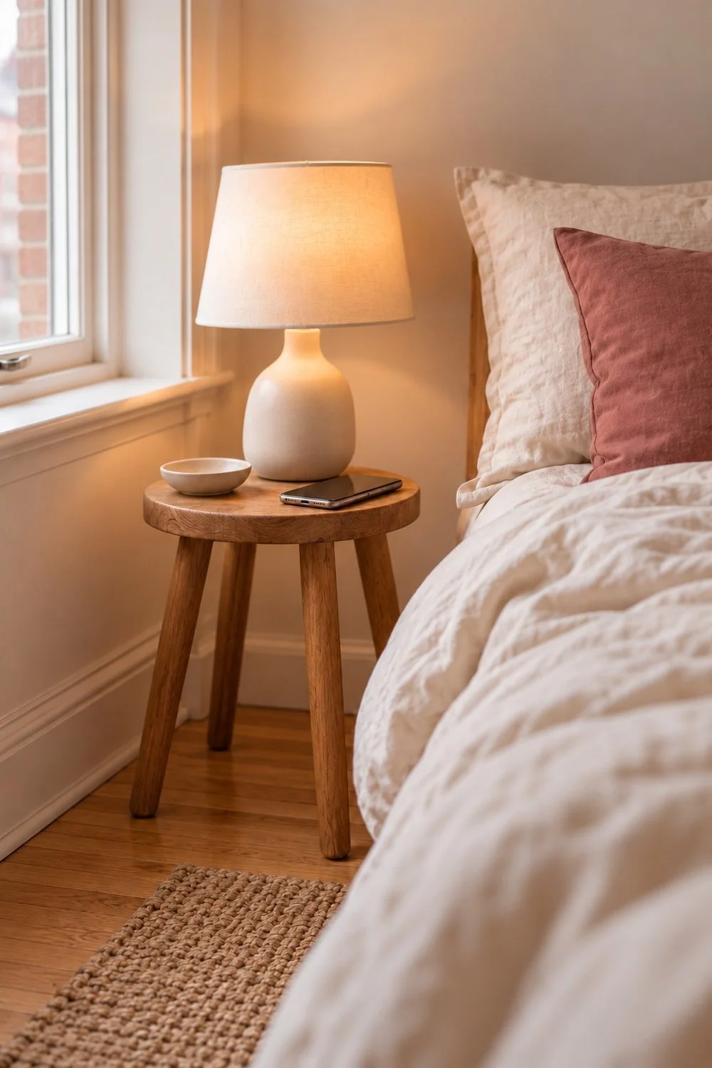 Phone and cream lamp on a small oak stool beside a bed.