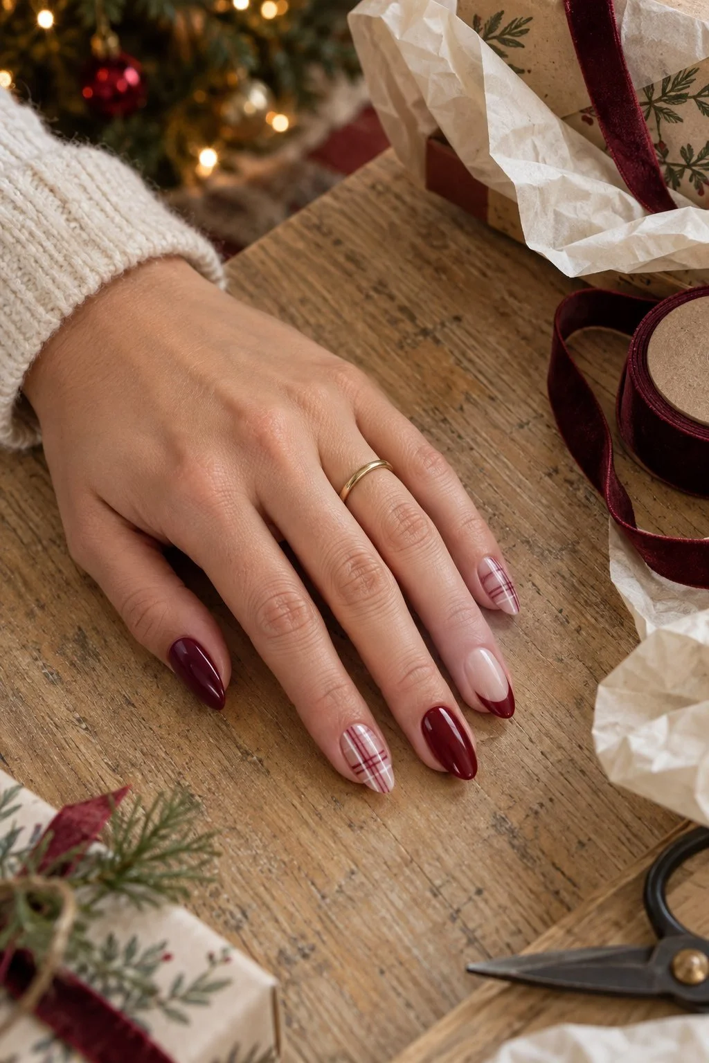 Burgundy solid nails, plaid accents and a French tip at a gift-wrapping table.