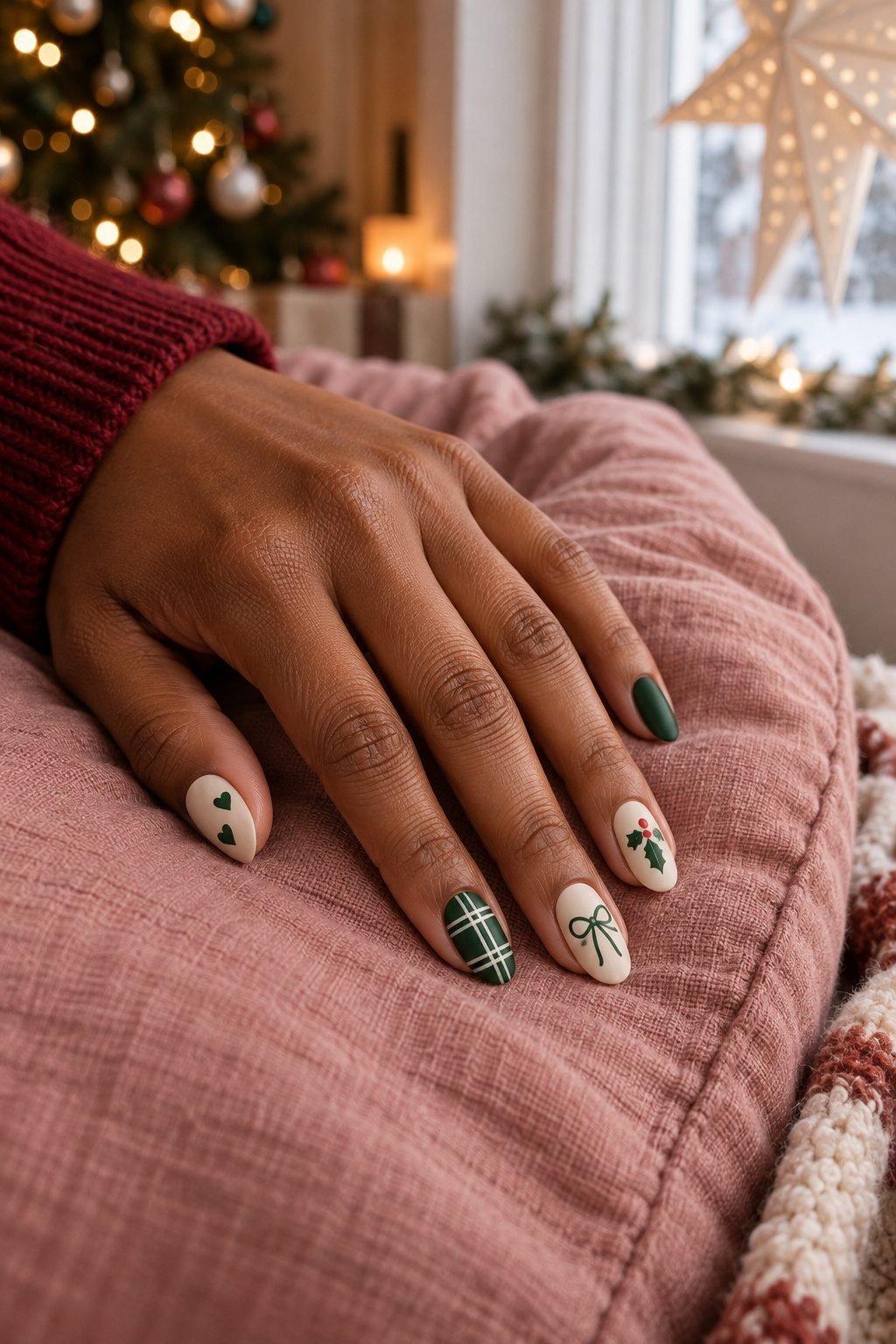 Matte cream and green nails with plaid, a bow, hearts and holly on a rose cushion.