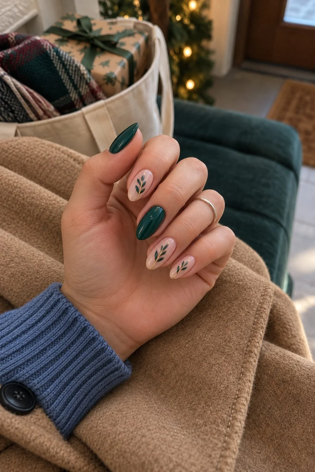 Glossy deep green nails and nude leaf accents on a loosely curled hand with a blue sleeve.