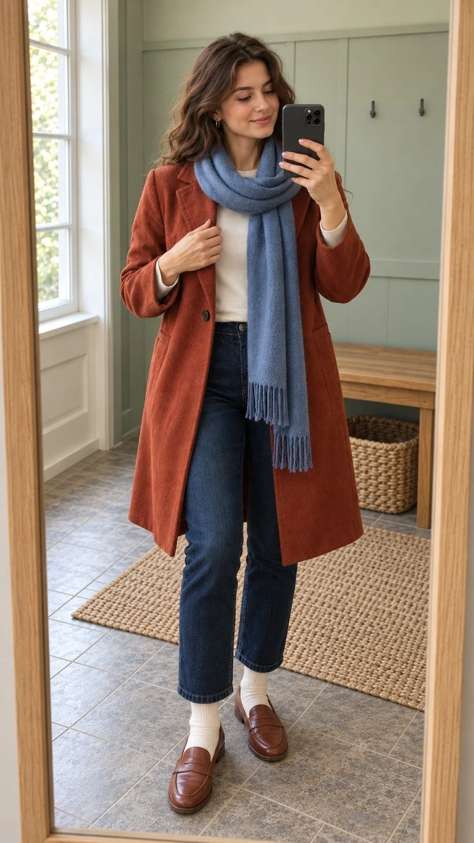 A woman wears a rust coat, blue scarf, cream knit, dark jeans, cream socks, and brown loafers in a mirror selfie.