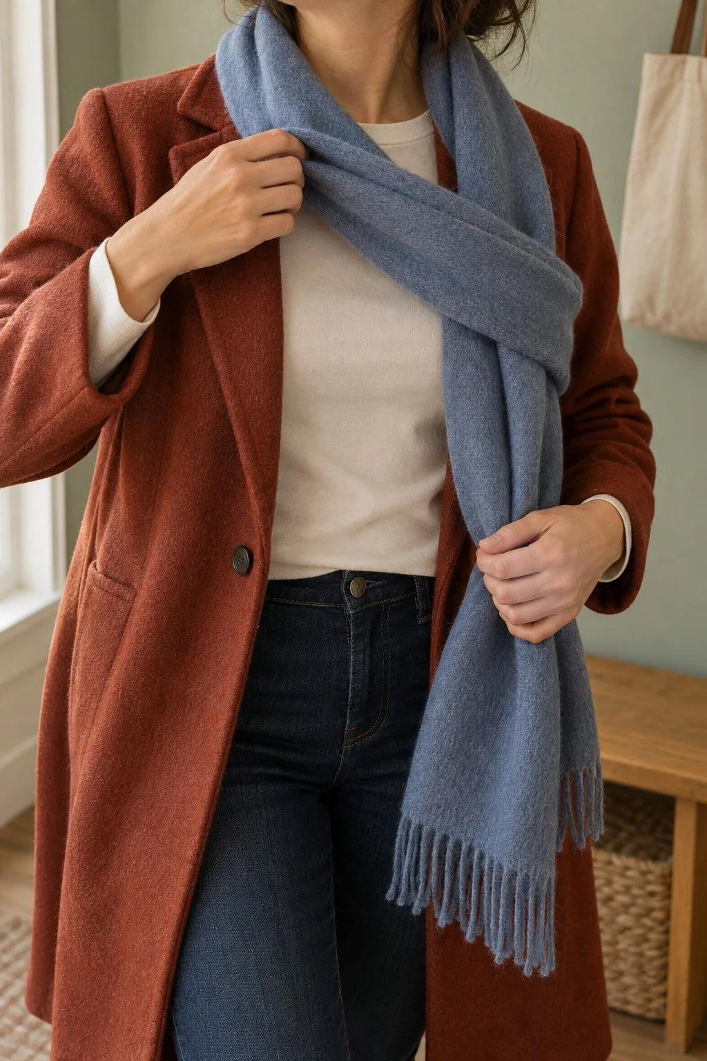 A woman wraps a blue fringed scarf over a rust coat.