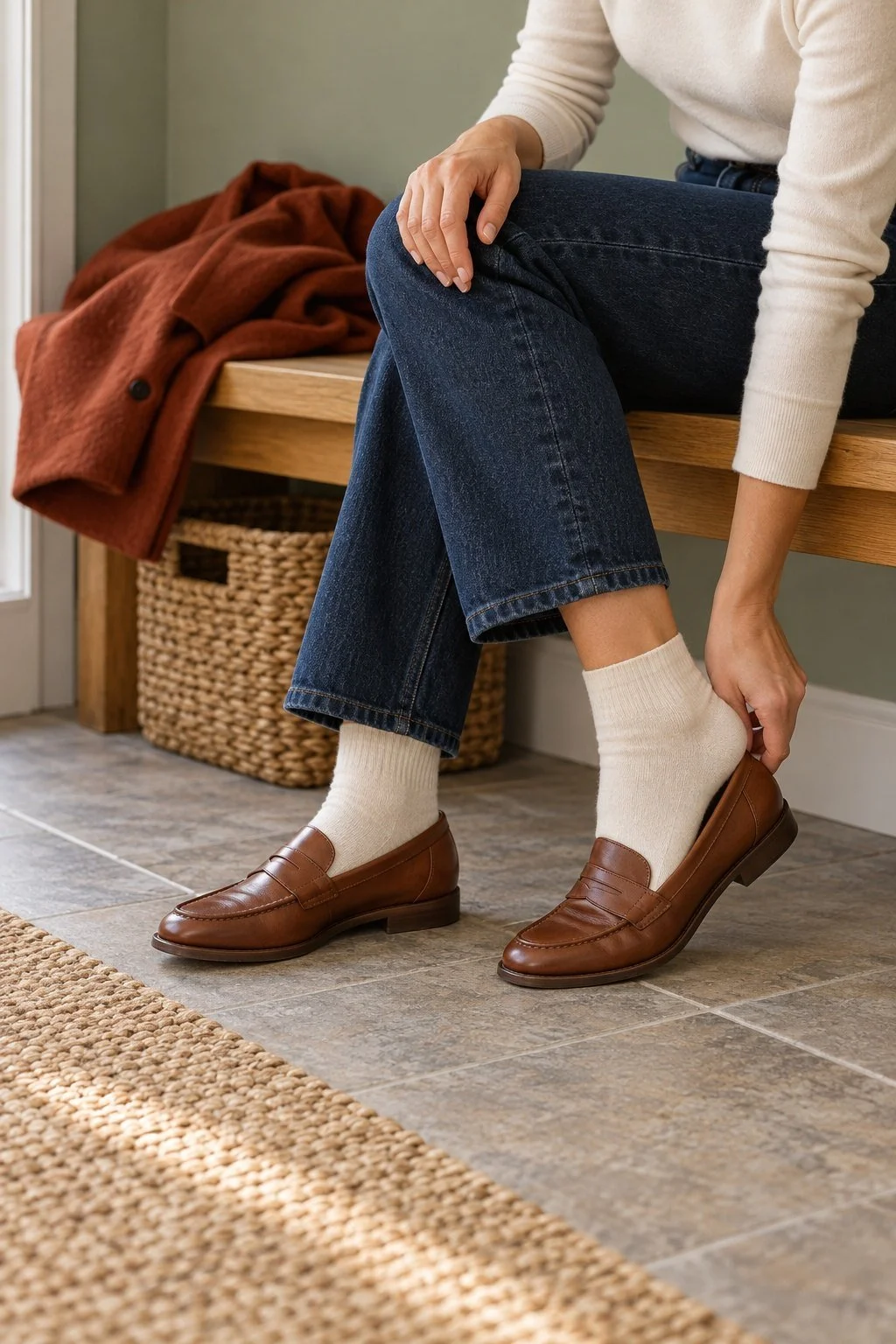 A woman puts on brown penny loafers with cream socks and dark jeans beside an entryway bench.