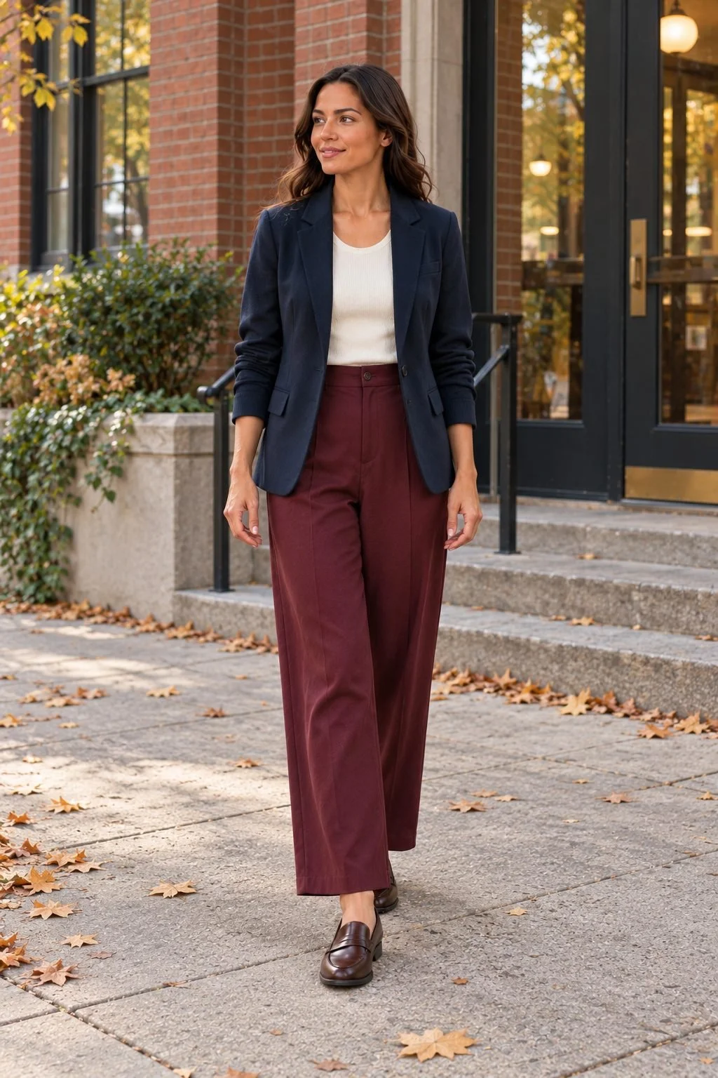 A woman wears a navy blazer, ivory top, burgundy trousers, and brown penny loafers beside a brick entry.
