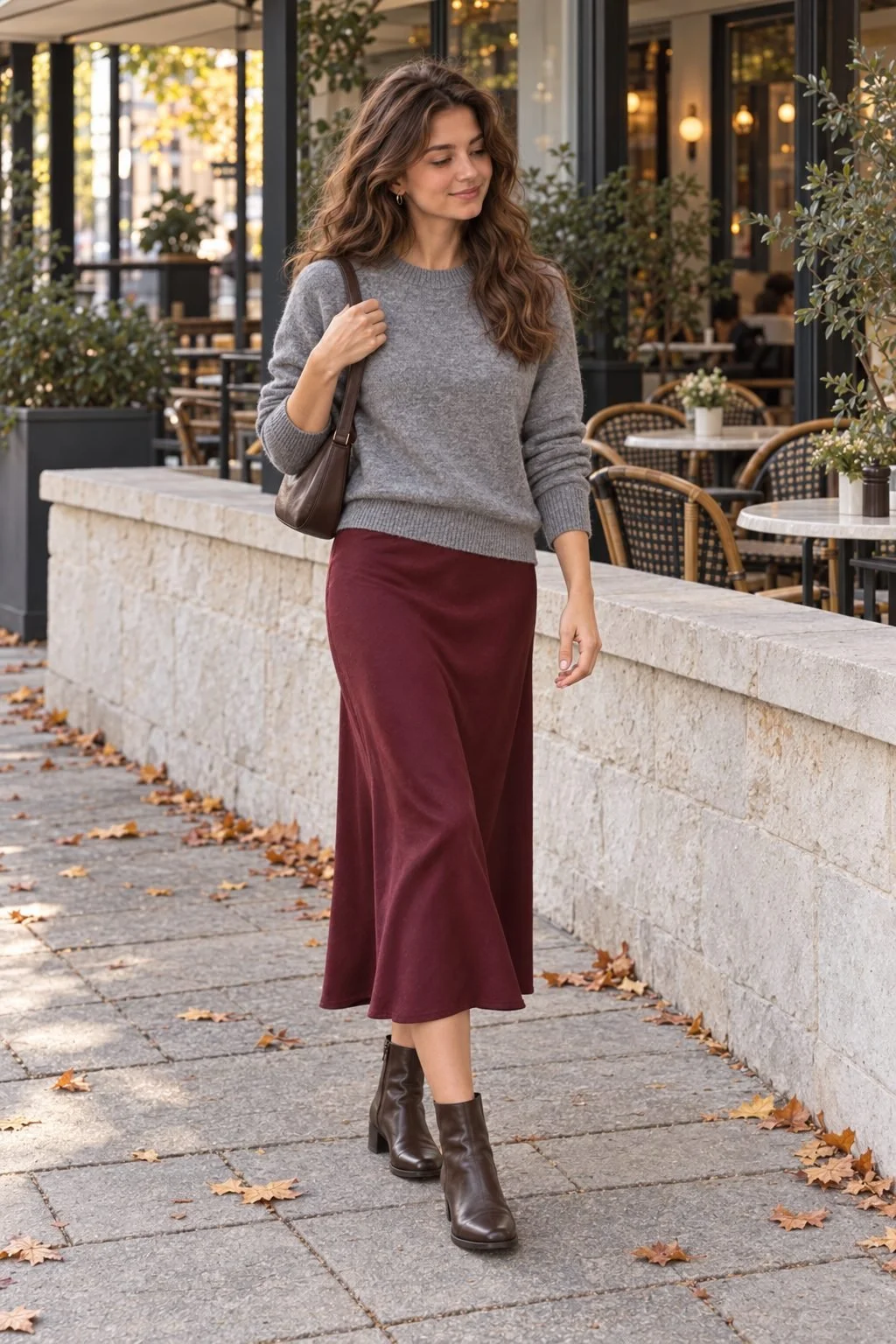 A woman wears a gray sweater, burgundy midi skirt, brown ankle boots, and a small brown shoulder bag by a cafe terrace.