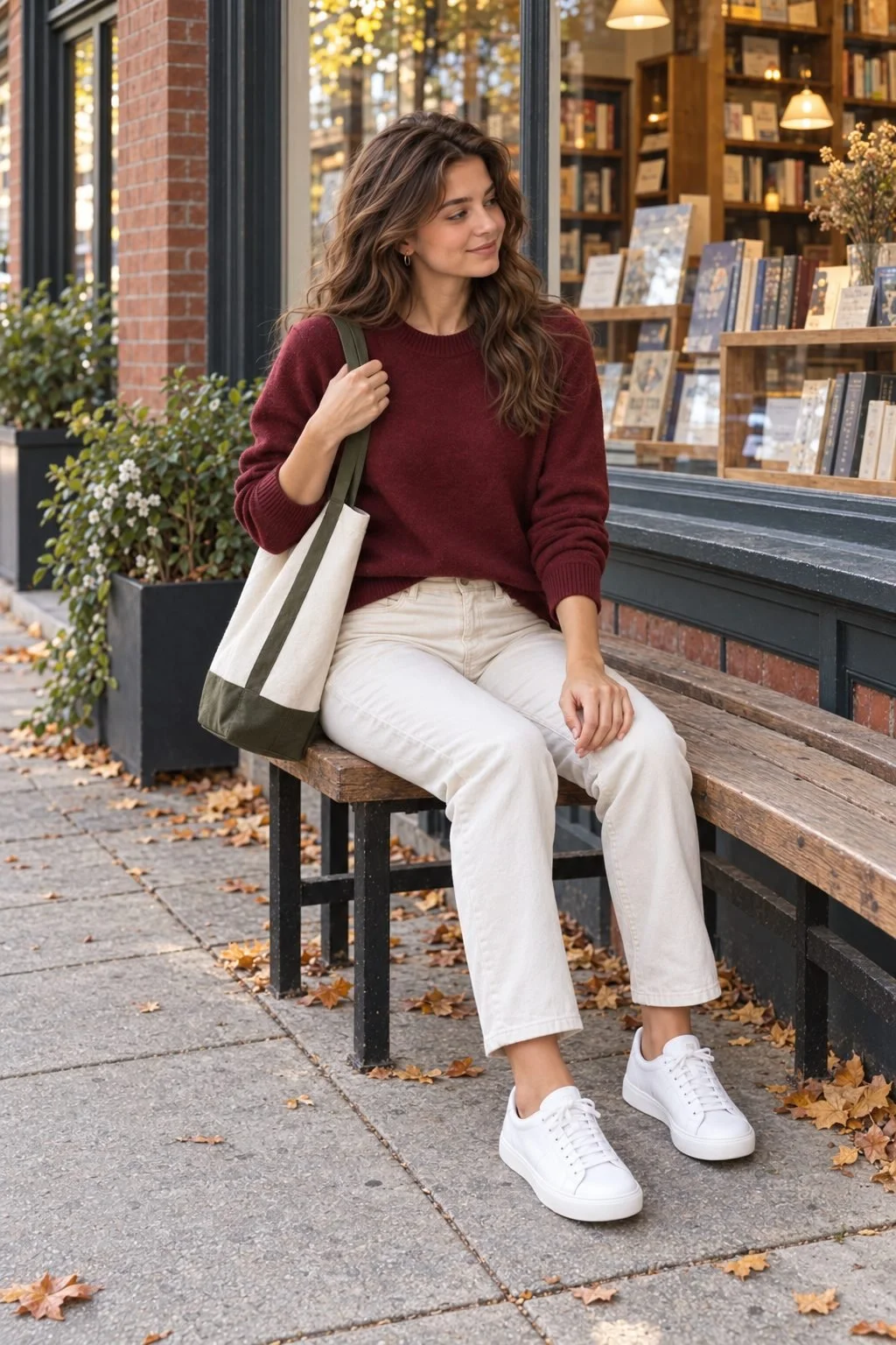 A woman sits on a bookshop bench in a burgundy sweater, cream jeans, and white sneakers with a canvas tote.