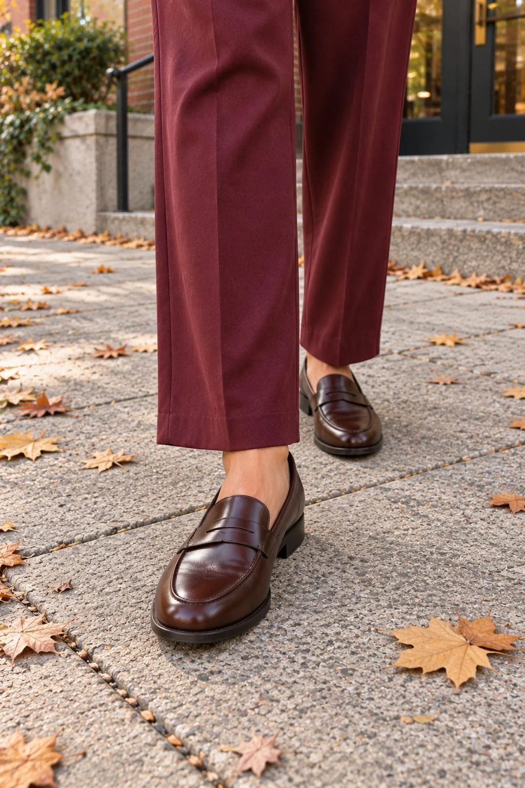 Burgundy trouser hems sit above brown penny loafers on a paved path.