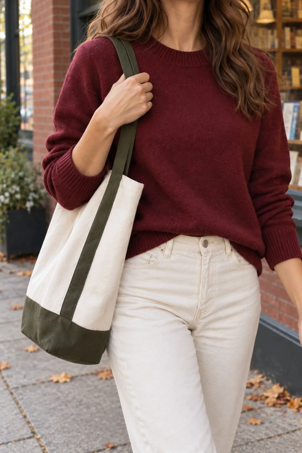 A hand holds an olive tote strap over a burgundy sweater, with cream jeans and a natural canvas bag.