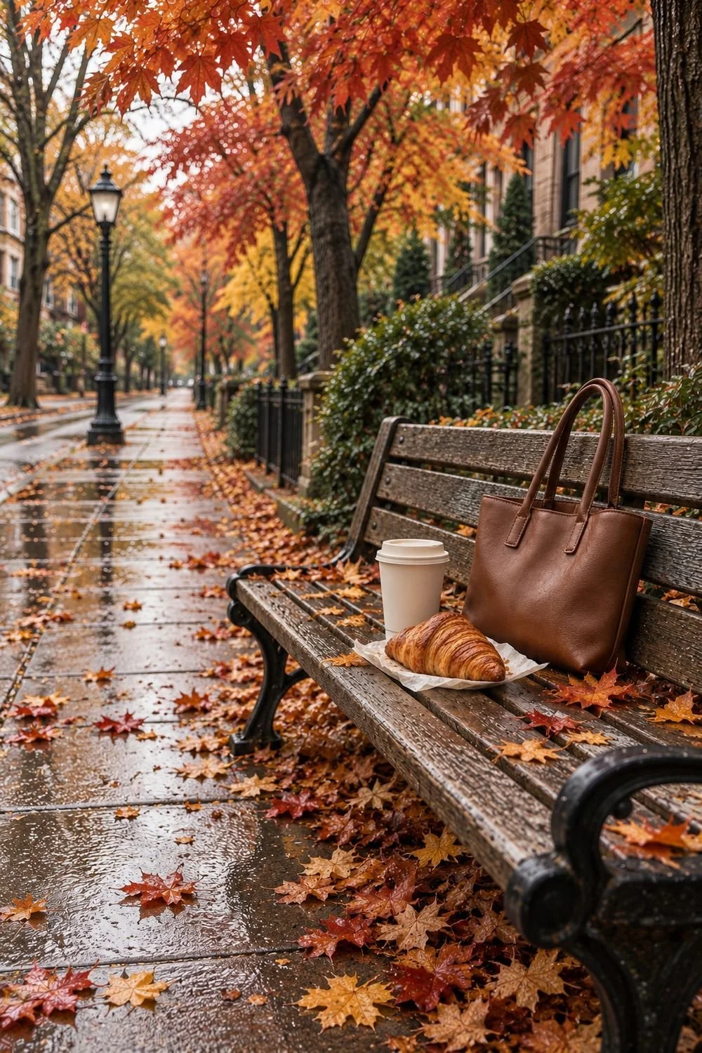 Coffee, croissant and leather tote at one end of an autumn street bench