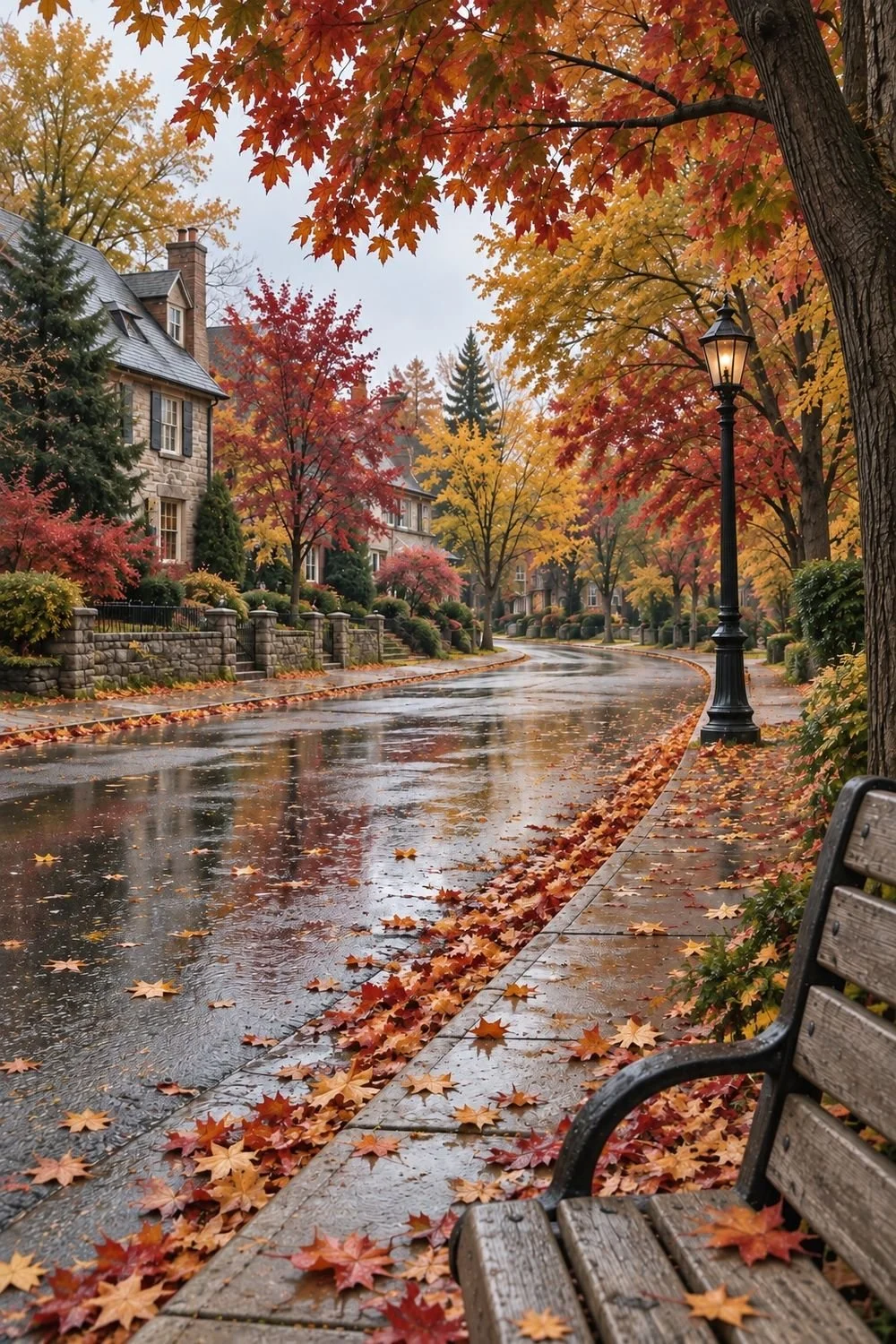 Wet pavement beneath red and golden autumn trees