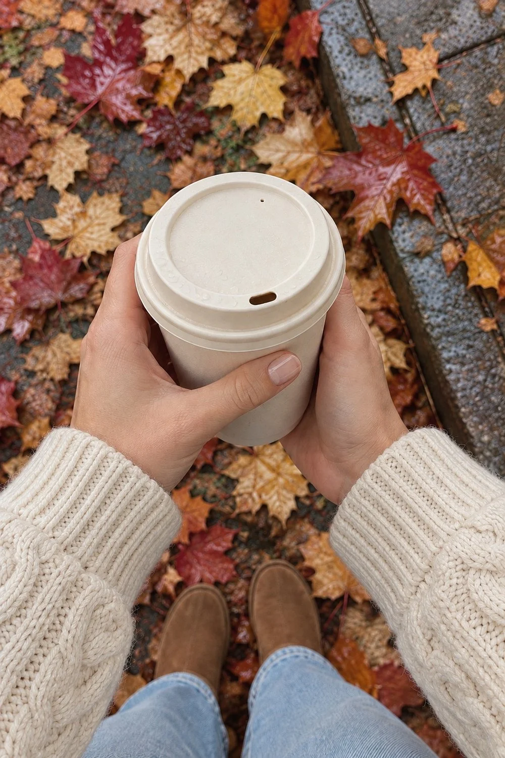 Cropped hand holding a cream coffee cup above fallen leaves