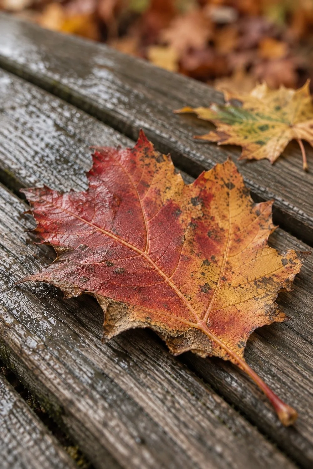 Red maple leaf resting on a weathered wooden bench