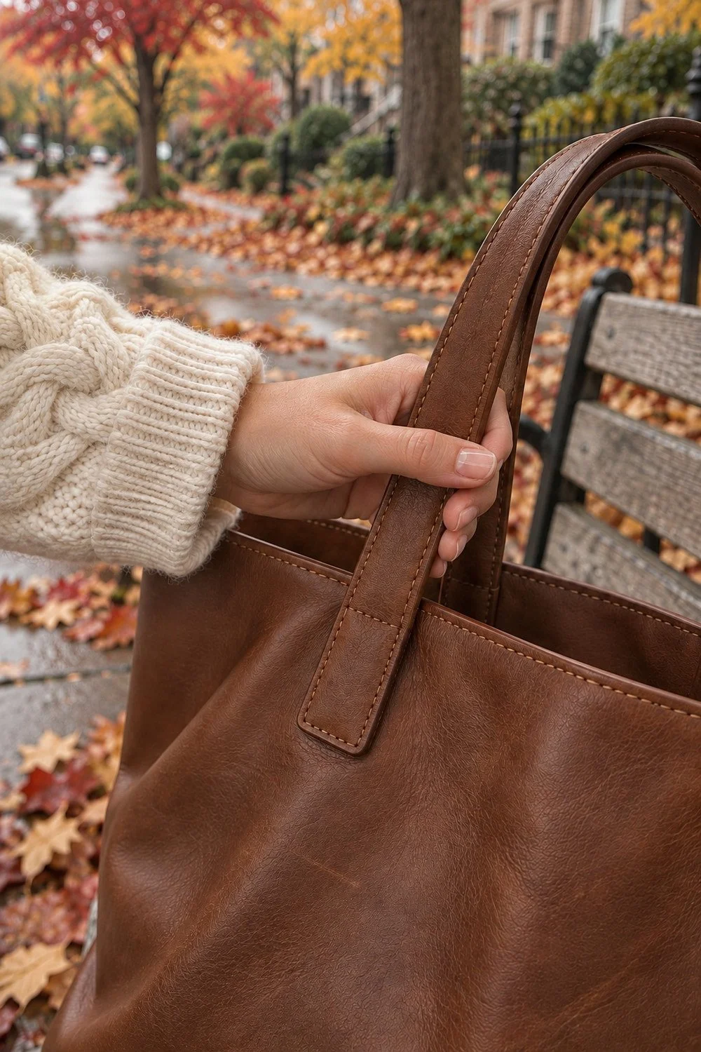 Brown leather tote handle beside a cream knit sleeve