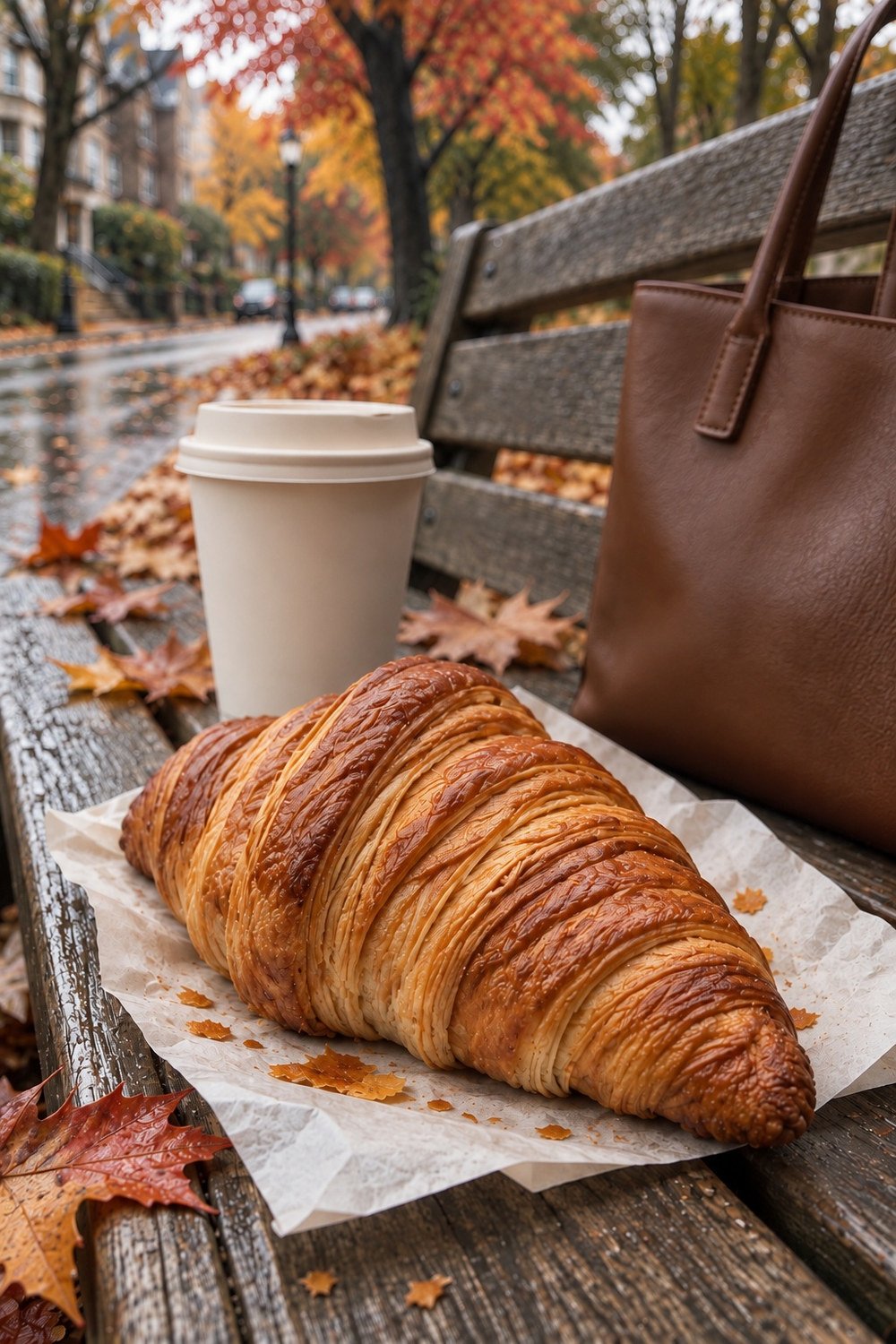 Croissant on bakery paper beside coffee and a leather tote on a bench