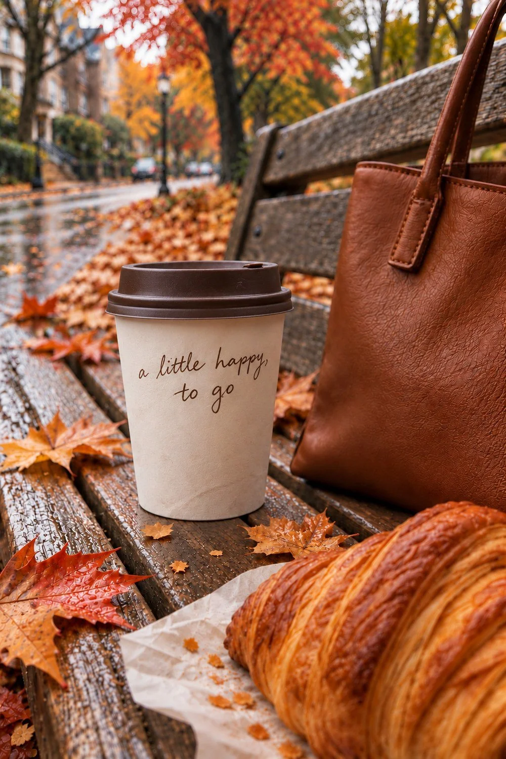 Cream coffee cup with a dark brown lid and the handwritten words a little happy, to go beside a leather tote