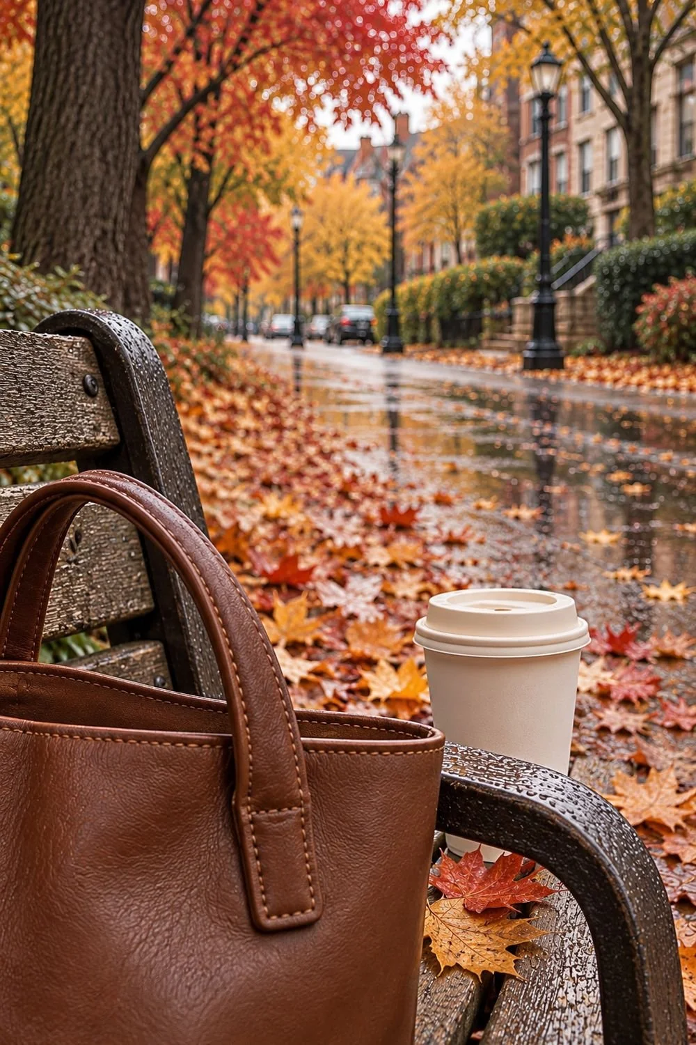 Leather tote and cream cup beside a wet bench arm and autumn pavement