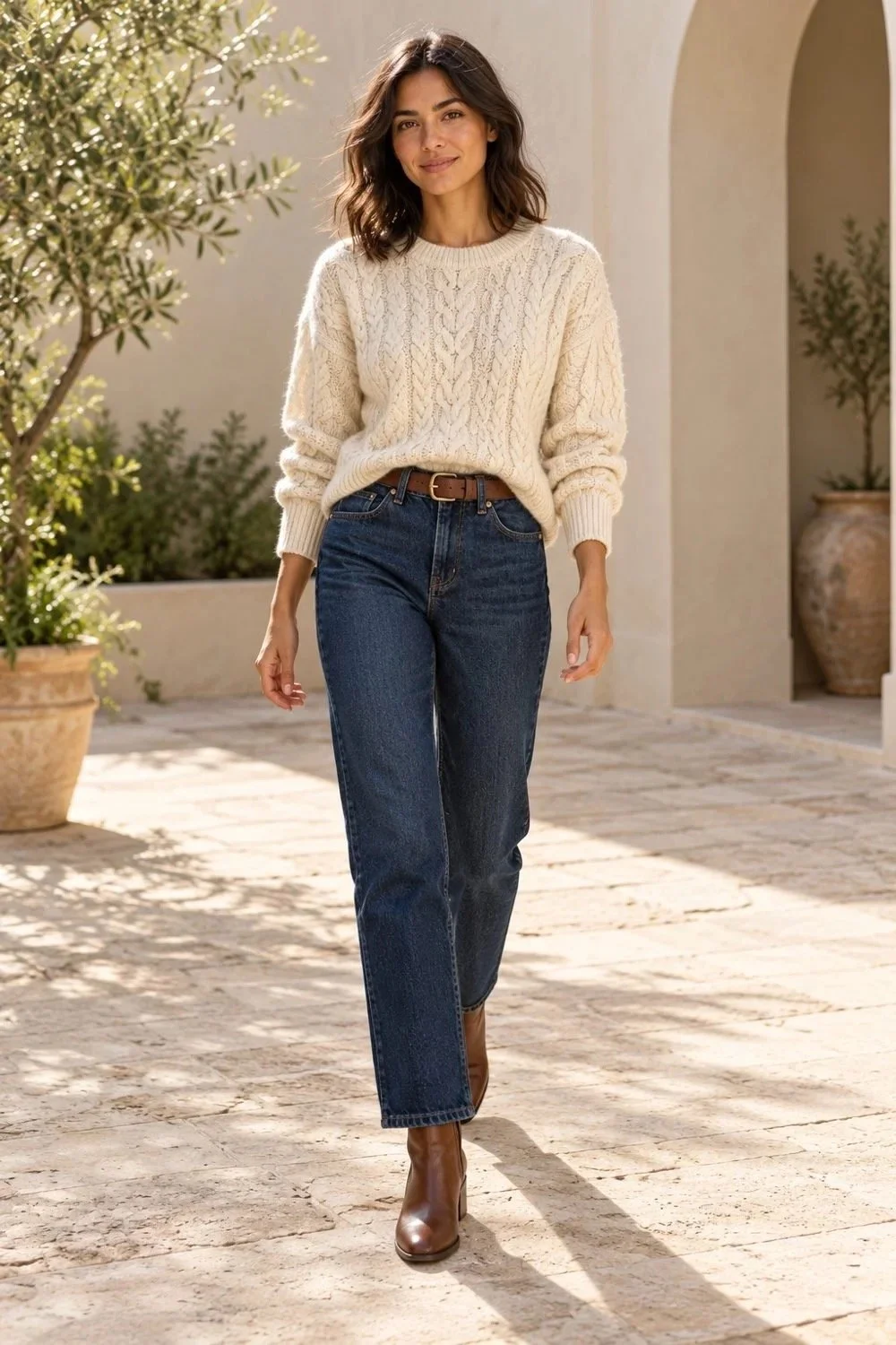 Woman wearing a cream cable-knit sweater, dark jeans, brown belt, and brown ankle boots.