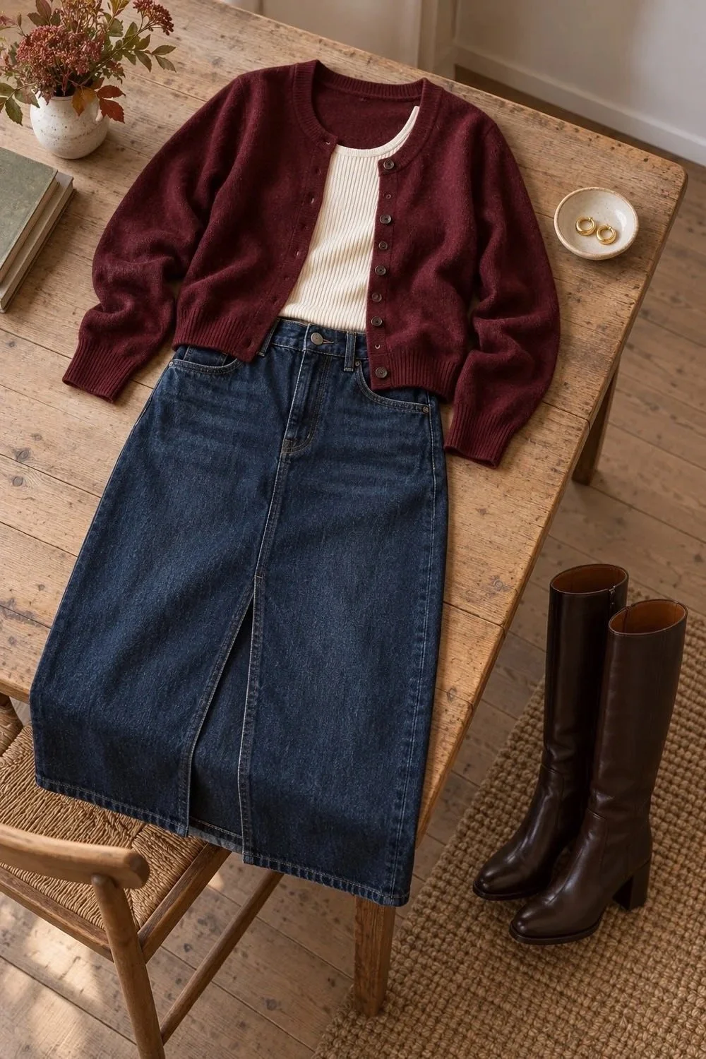 Burgundy cardigan and cream tank with a dark denim midi skirt and tall brown boots.