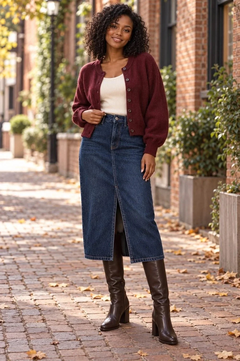 Woman wearing a burgundy cardigan, cream tank, denim midi skirt, and tall brown boots.