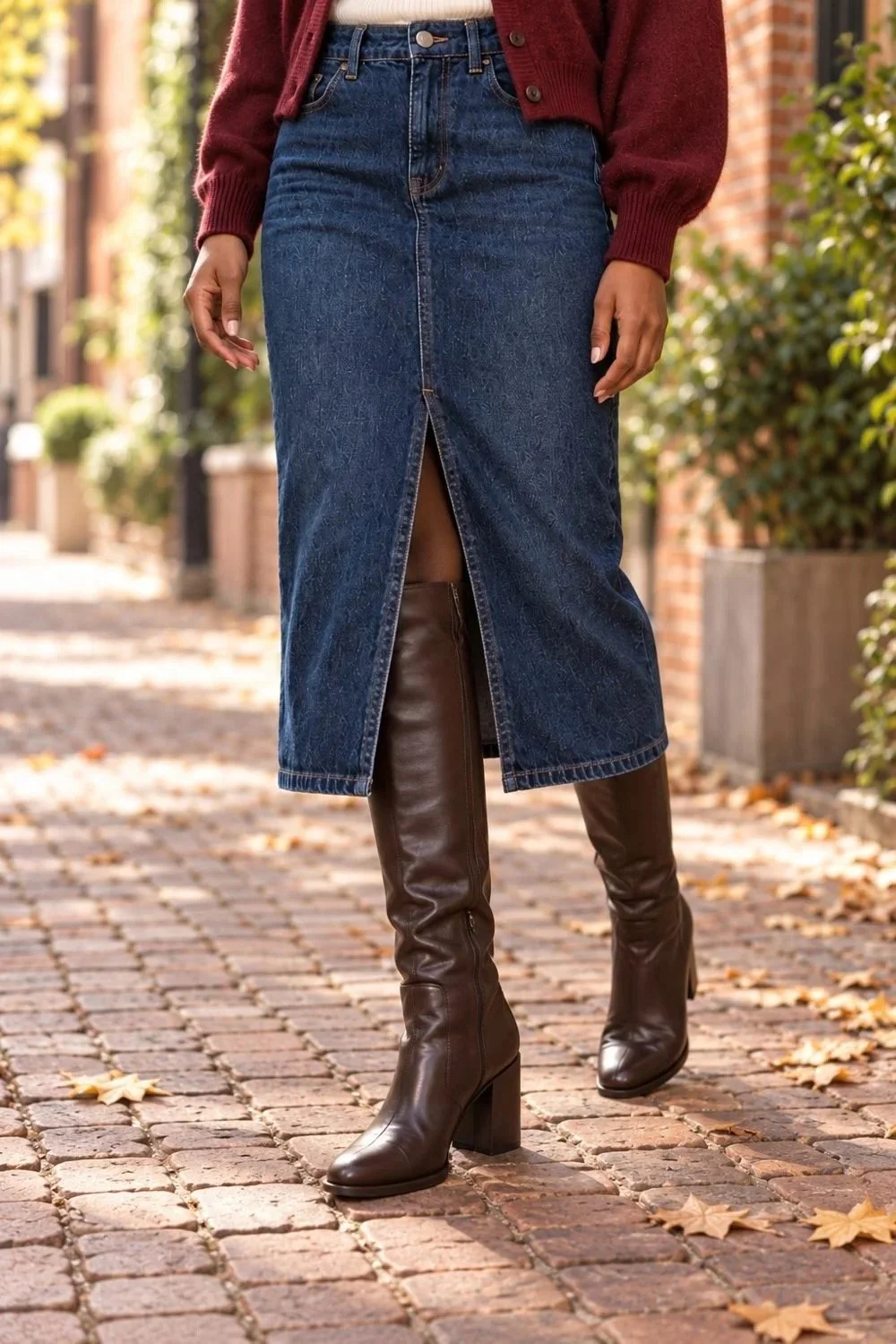 Close view of a denim skirt front slit and tall brown boots on a brick path.
