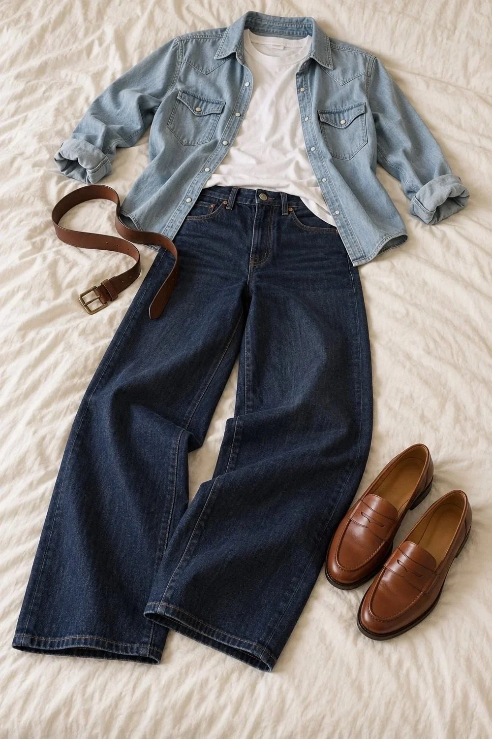 Light blue denim shirt and white tee with dark wide-leg jeans, brown belt, and loafers.