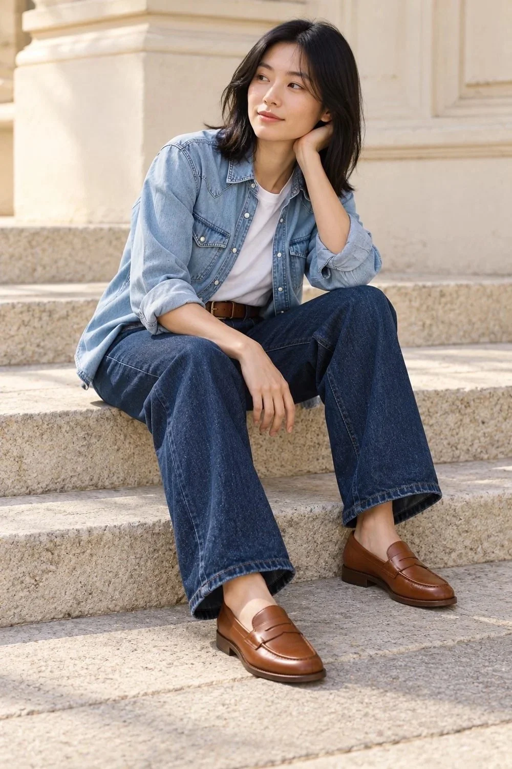 Woman seated on stone steps wearing a light denim shirt, white tee, dark jeans, and brown loafers.