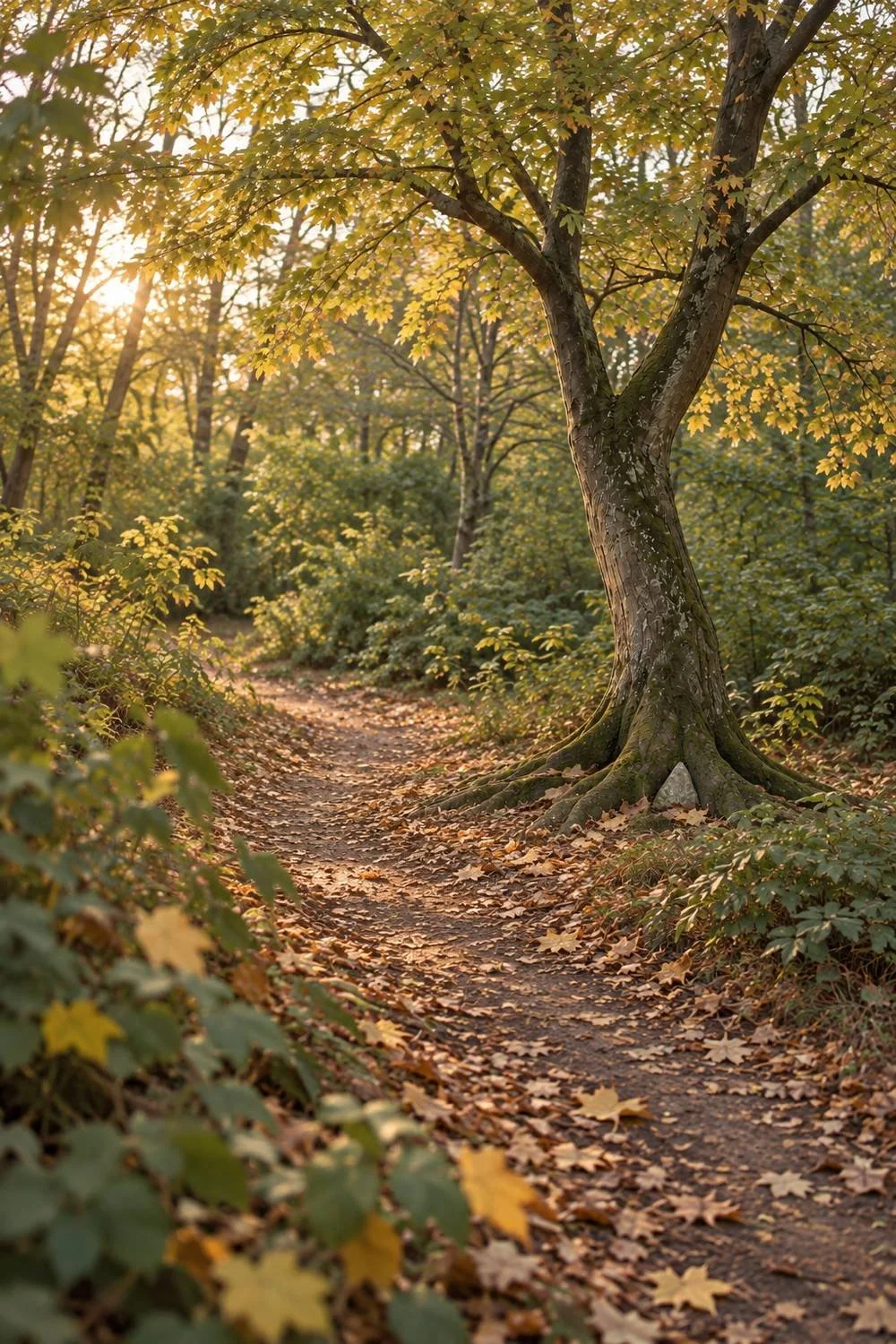 A narrow dirt path curves beside a forked tree in soft fall light.