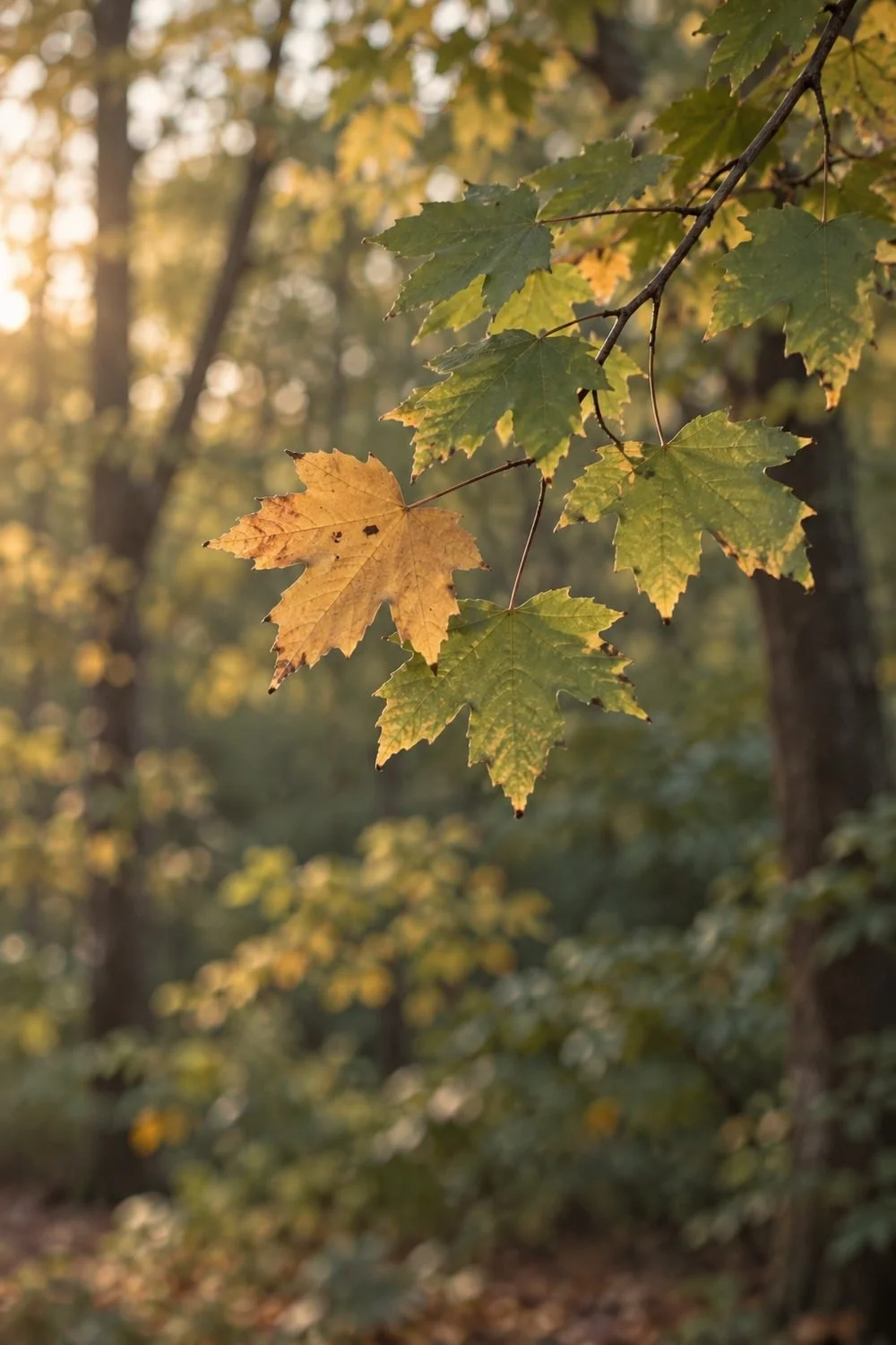 A gold maple leaf hangs among green leaves on a slender branch.