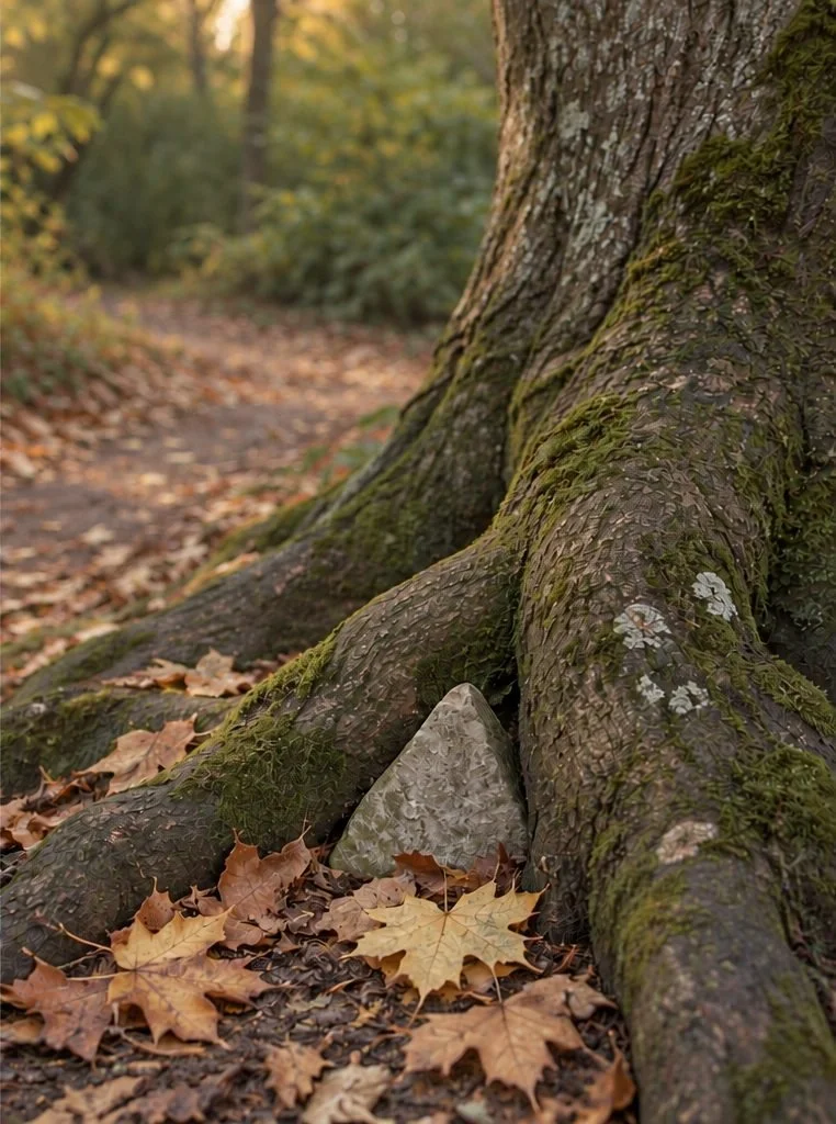 Moss-covered roots with a pale triangular stone and fallen leaves.