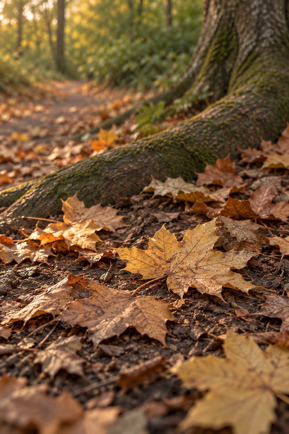 Fallen gold and brown leaves rest beside a mossy root at the path edge.