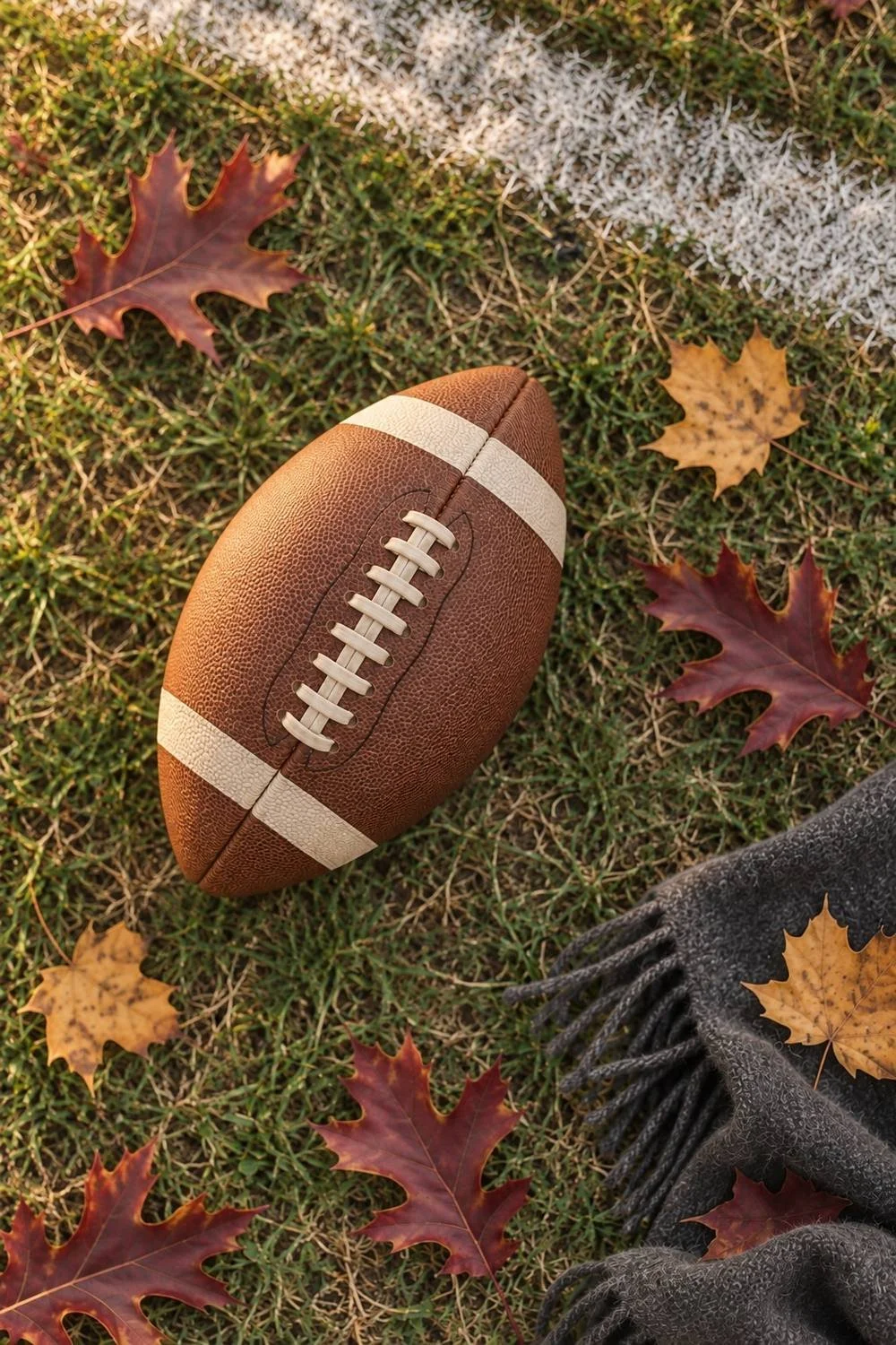 Brown football and gray scarf among fallen leaves on grass