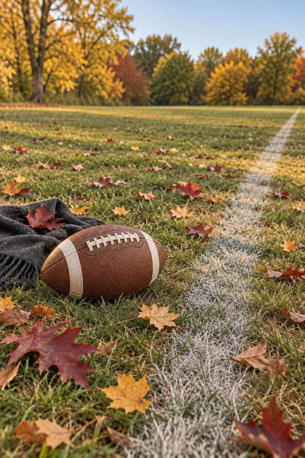 Brown football and gray scarf beside a faded field line