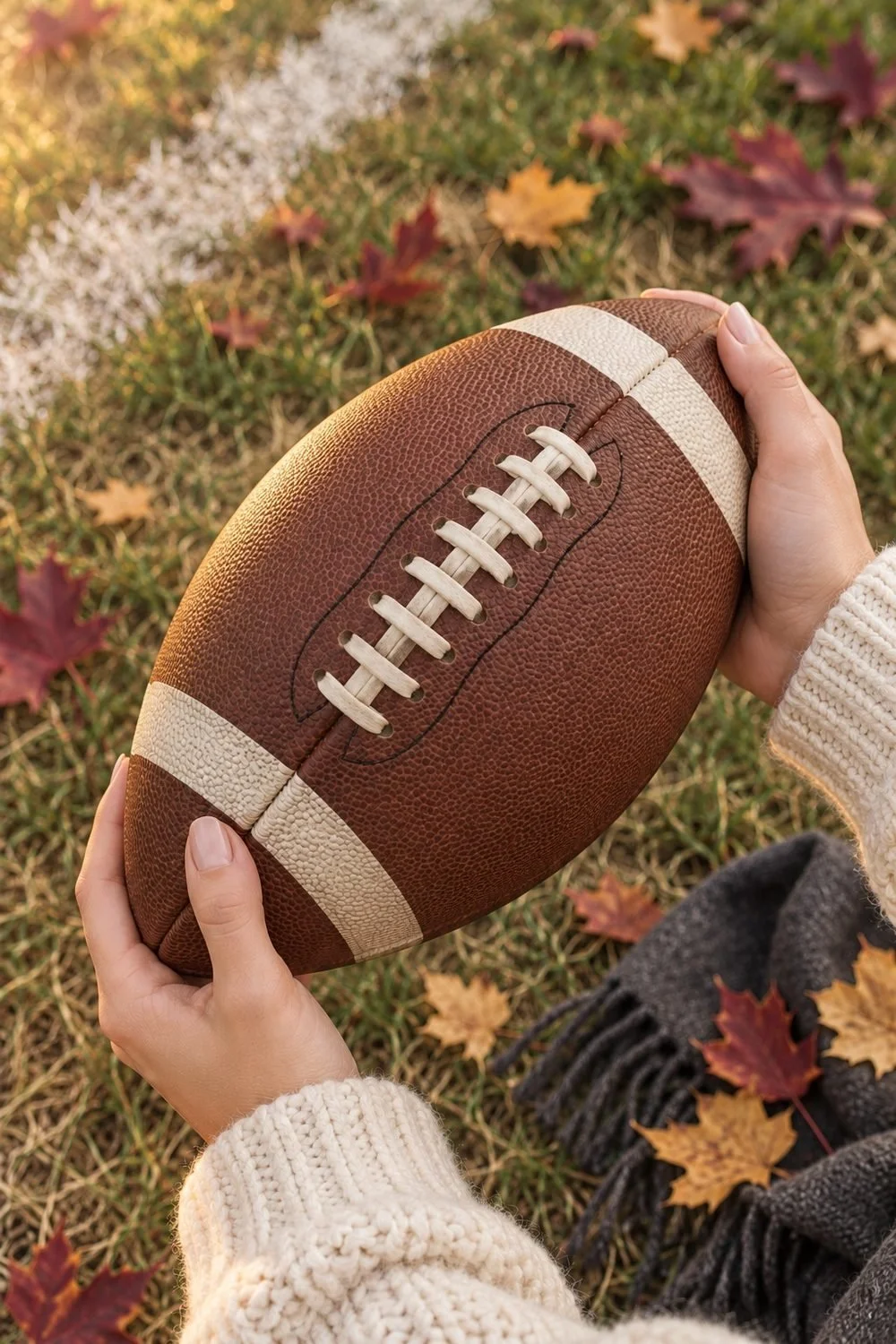 Cropped hand holding a brown football above grass and autumn leaves