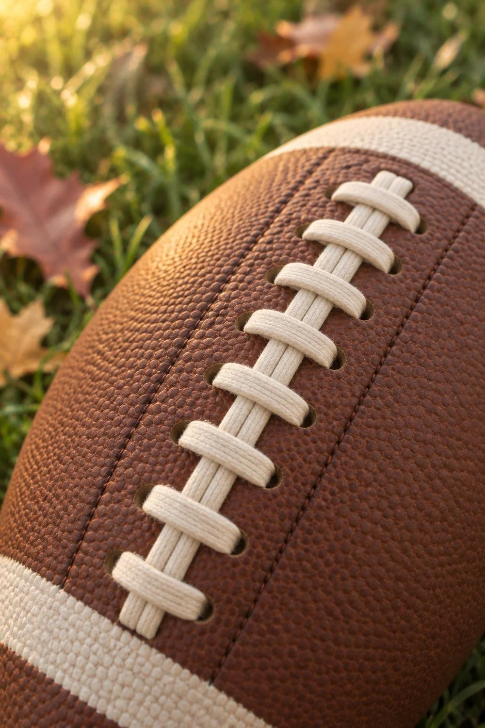 Close view of ivory football laces and brown pebbled leather