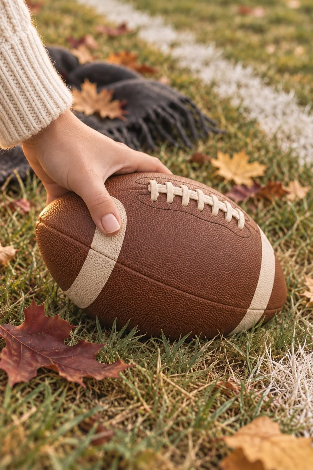 Cropped hand resting against a football on a grassy field