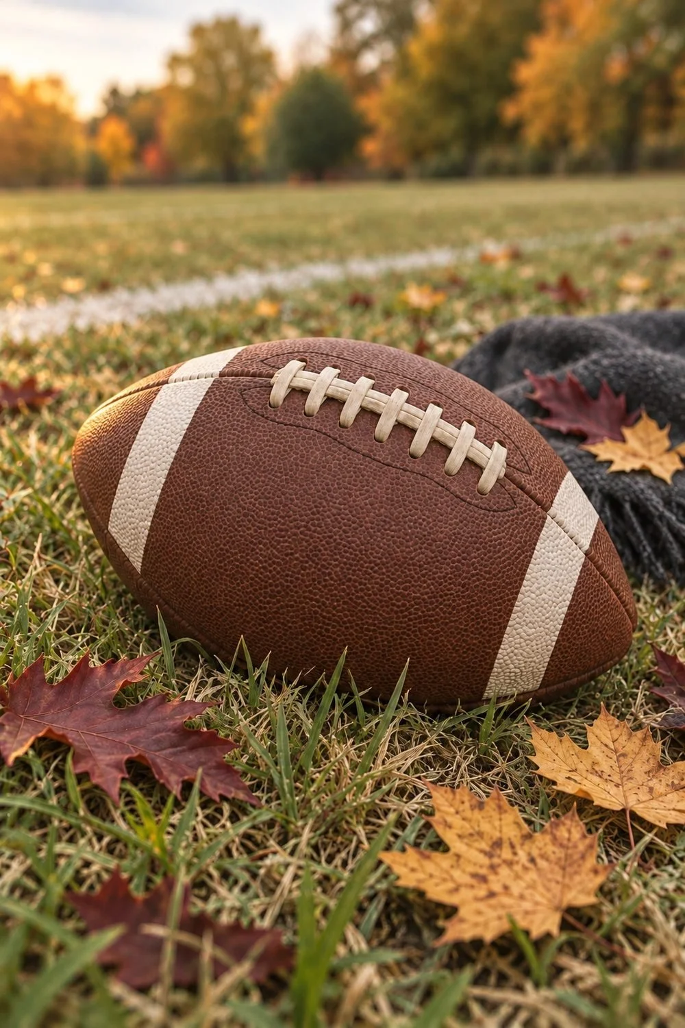 Brown football resting beside a gray scarf on autumn grass