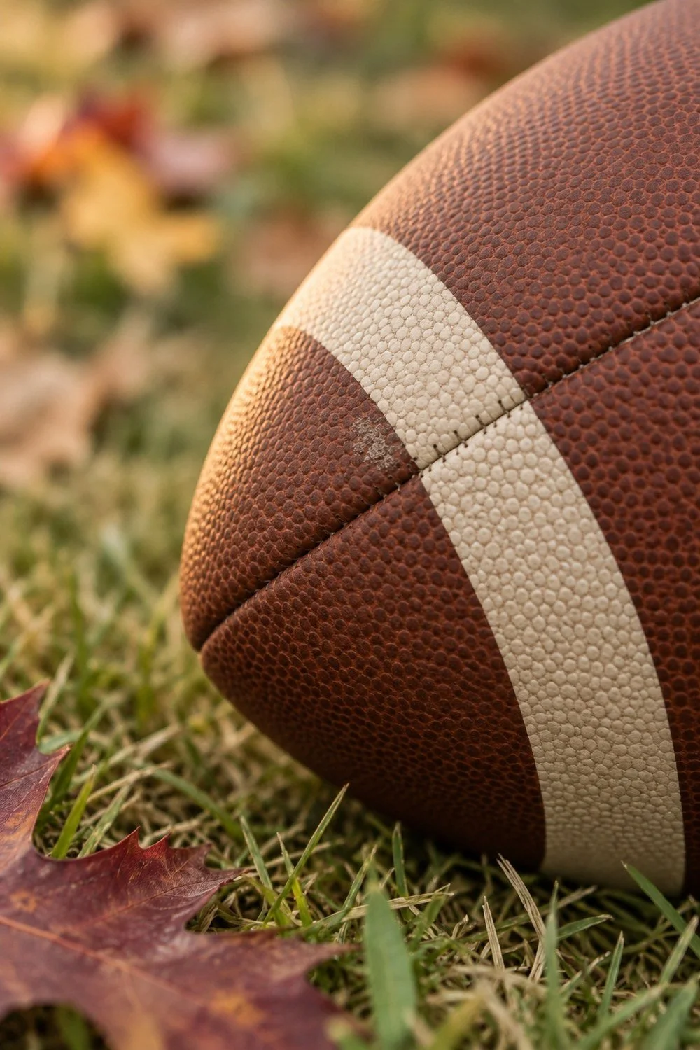Close view of a football seam and ivory end stripe