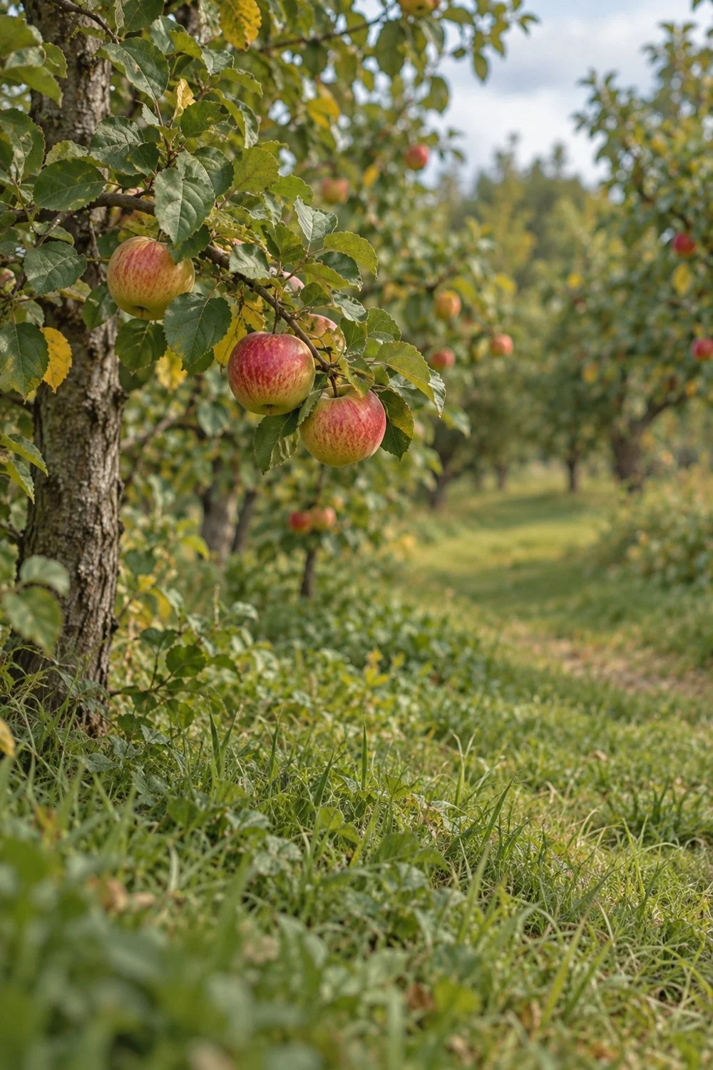 Apple trees line a grassy path through the orchard.