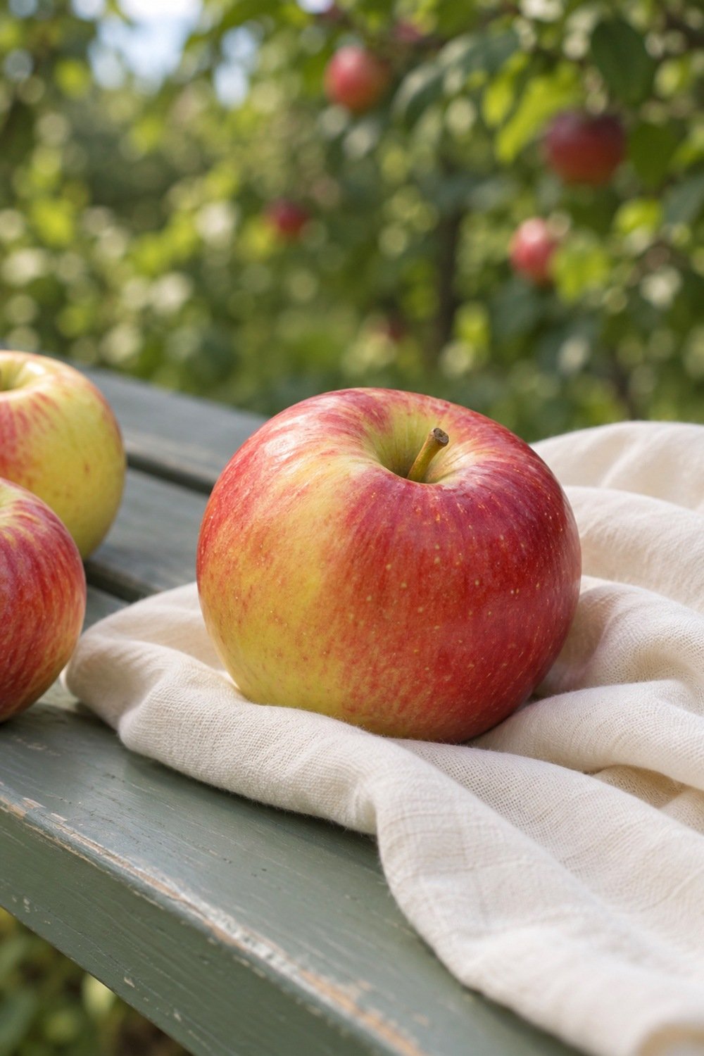 Picked apples rest on cream cotton at an orchard bench.
