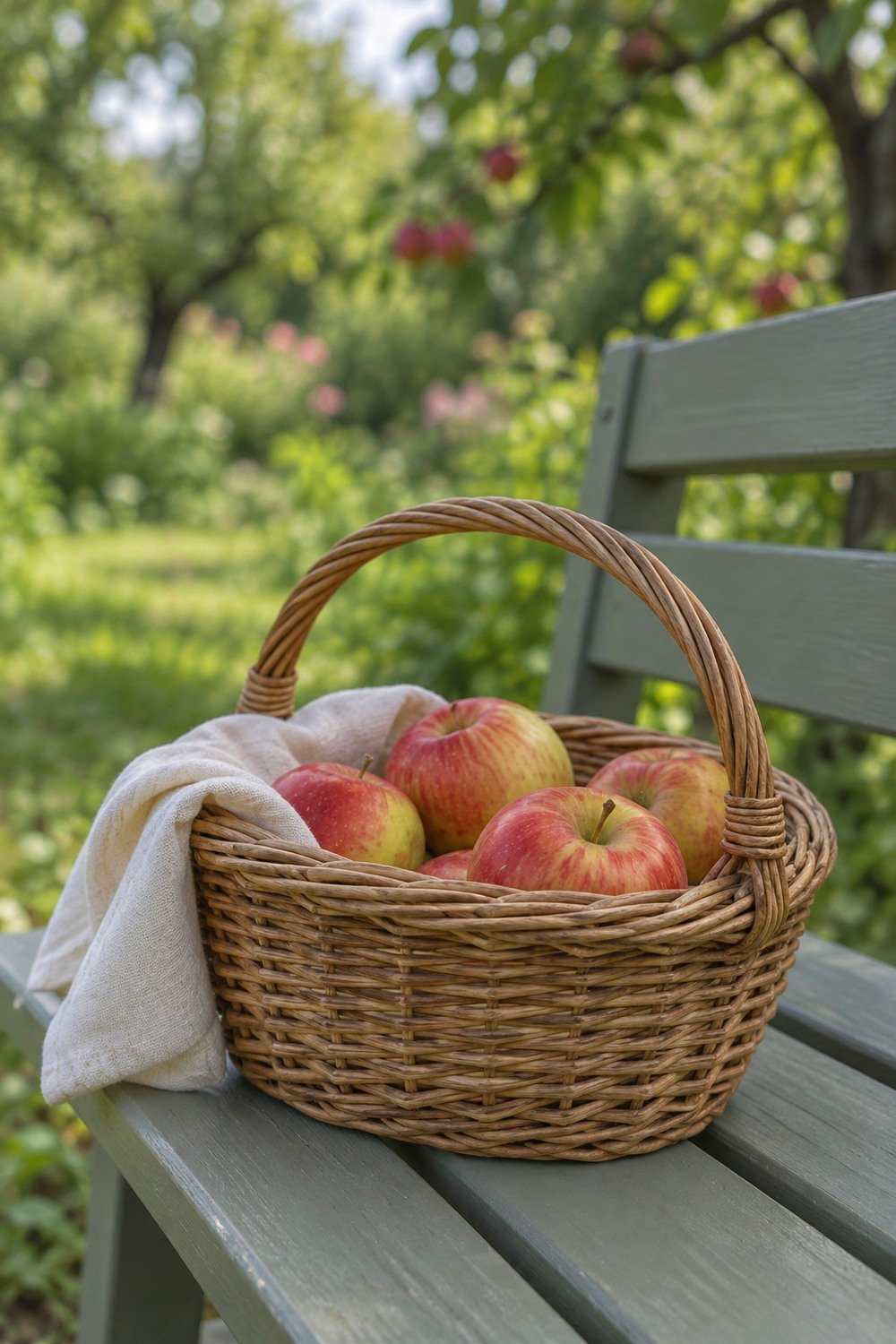 A basket of picked apples rests beside a cream cloth.