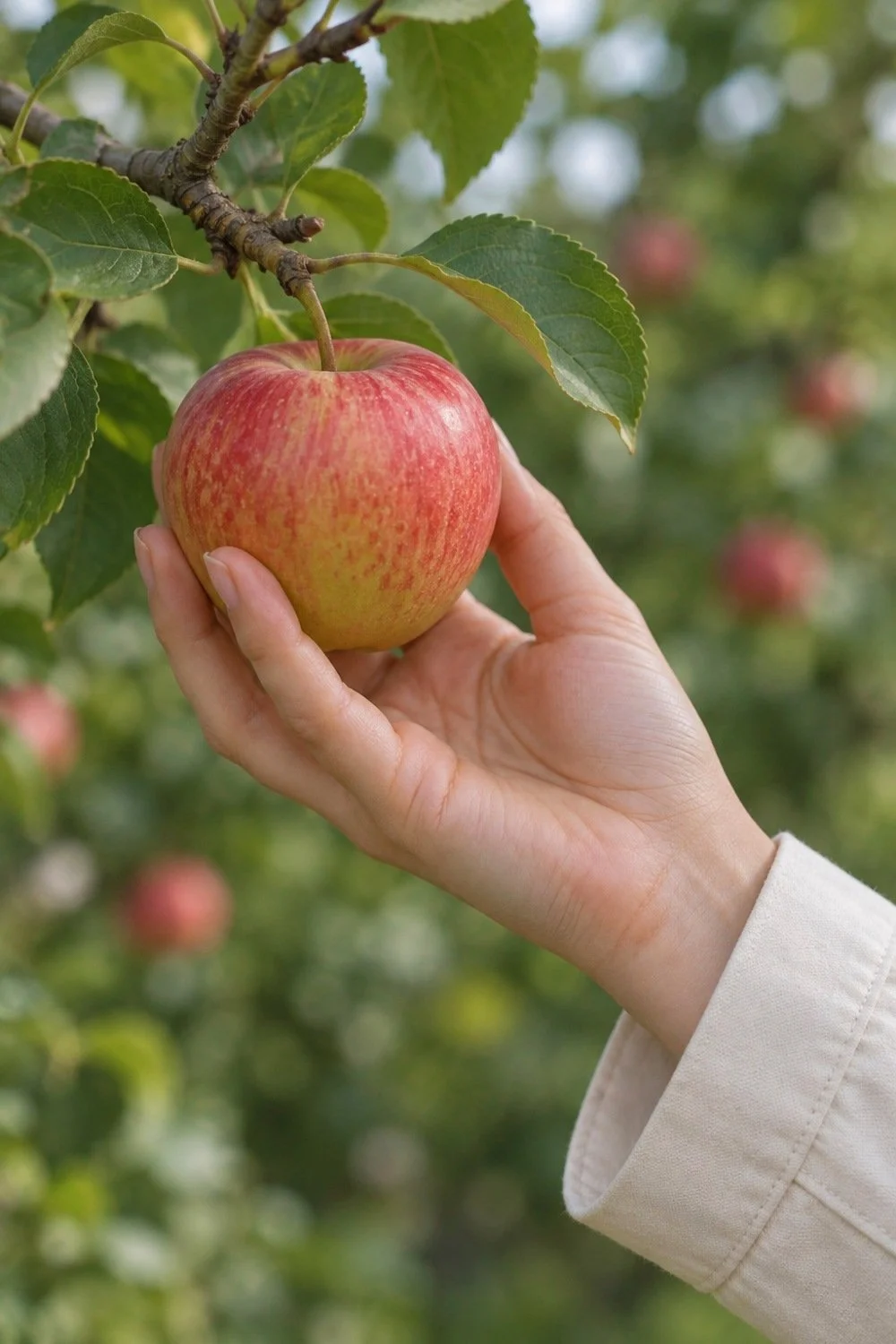 A hand cups an apple still attached to a low branch.