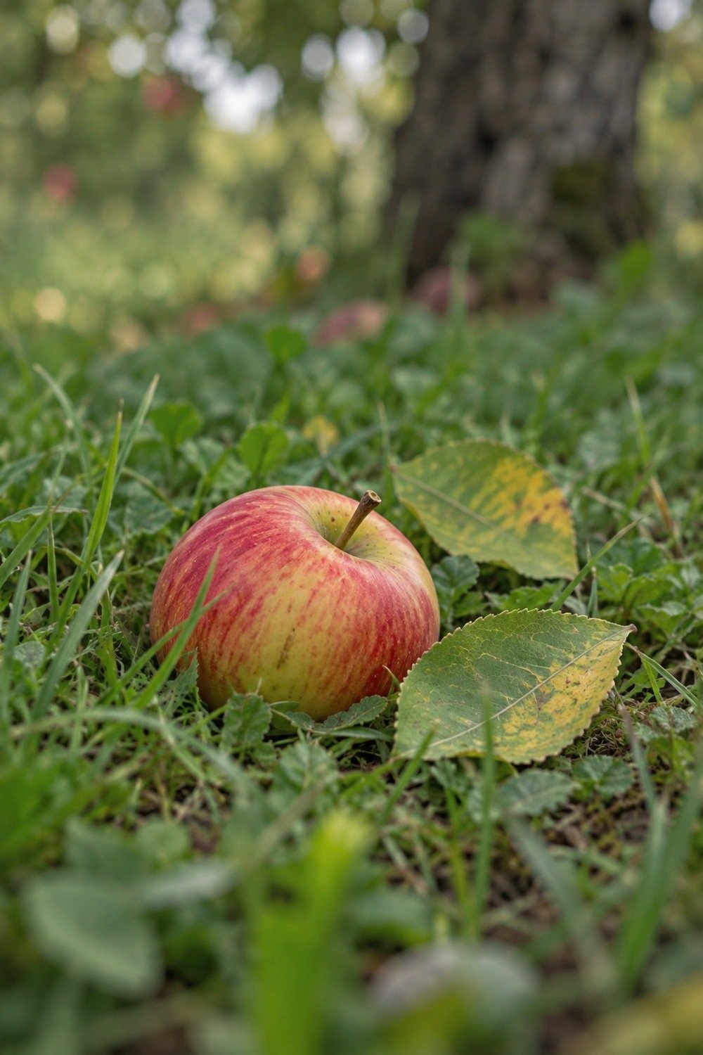 A fallen apple lies among grass and yellowing apple leaves.