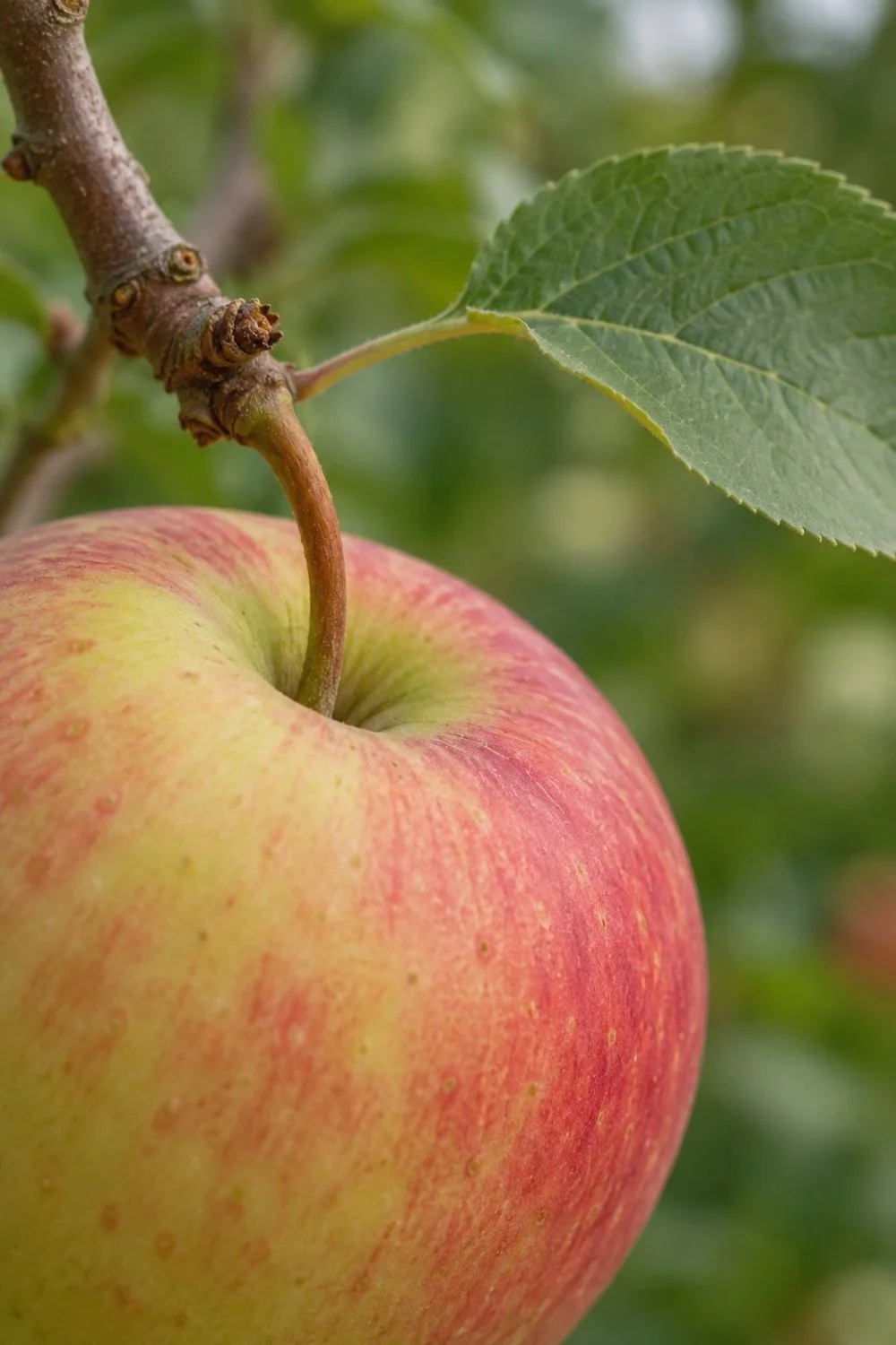 An apple hangs from a slender stem beside green leaves.