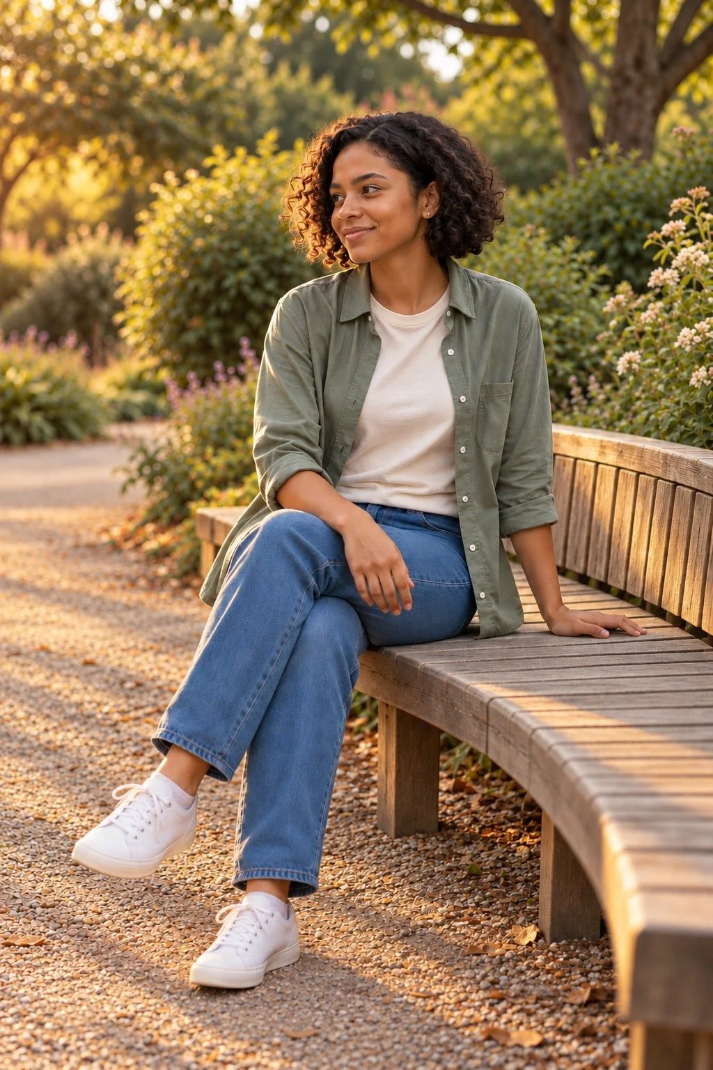 A friend sitting sideways on a wooden bench in warm evening light