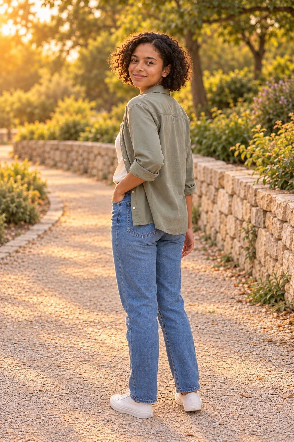 A friend looking back toward the camera beside a garden path