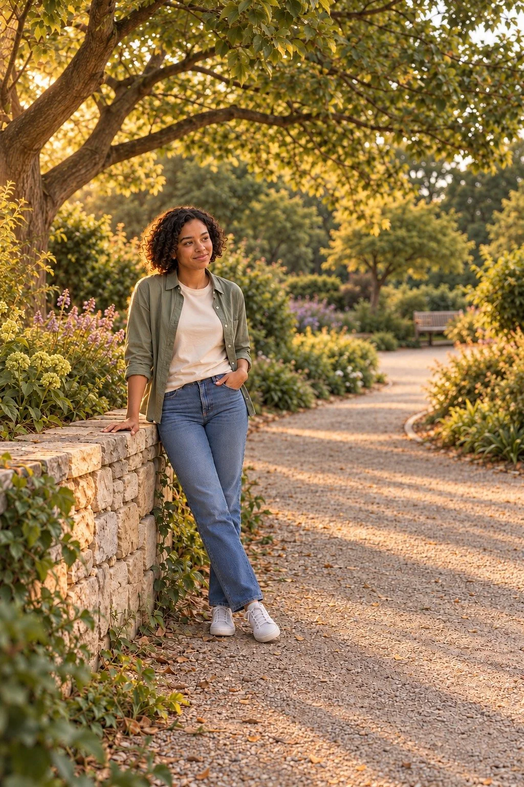 A wider portrait with a friend beside a low stone wall and curving path