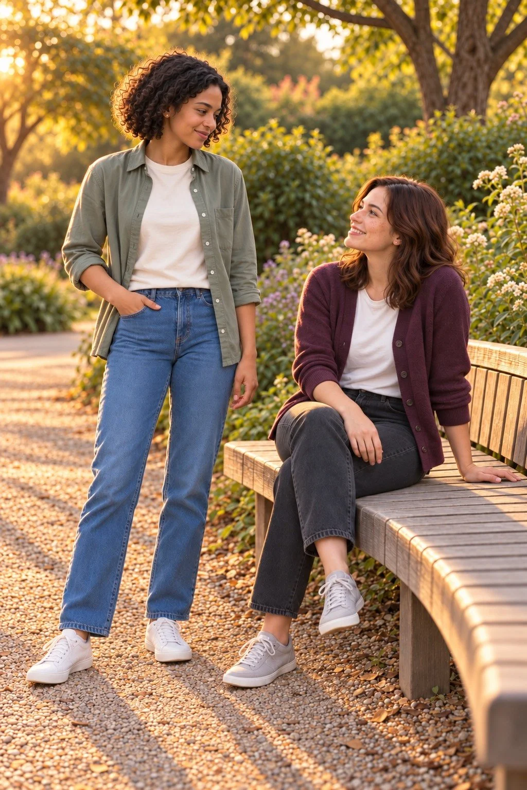 Two friends talking beside a wooden bench at golden hour