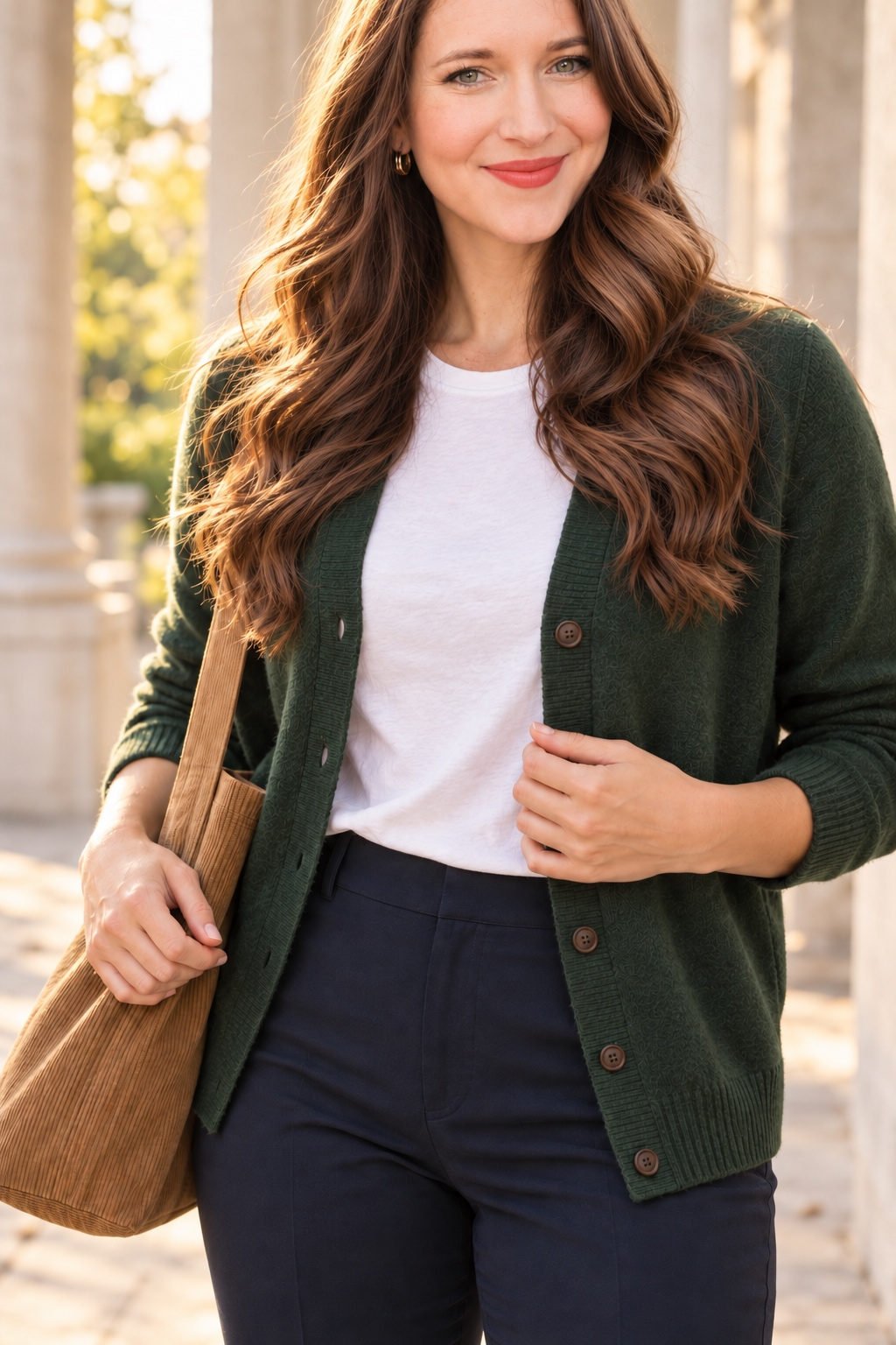 A close view shows Jordan’s green cardigan opening over a white tee, with her hands at the button edge and tote strap.